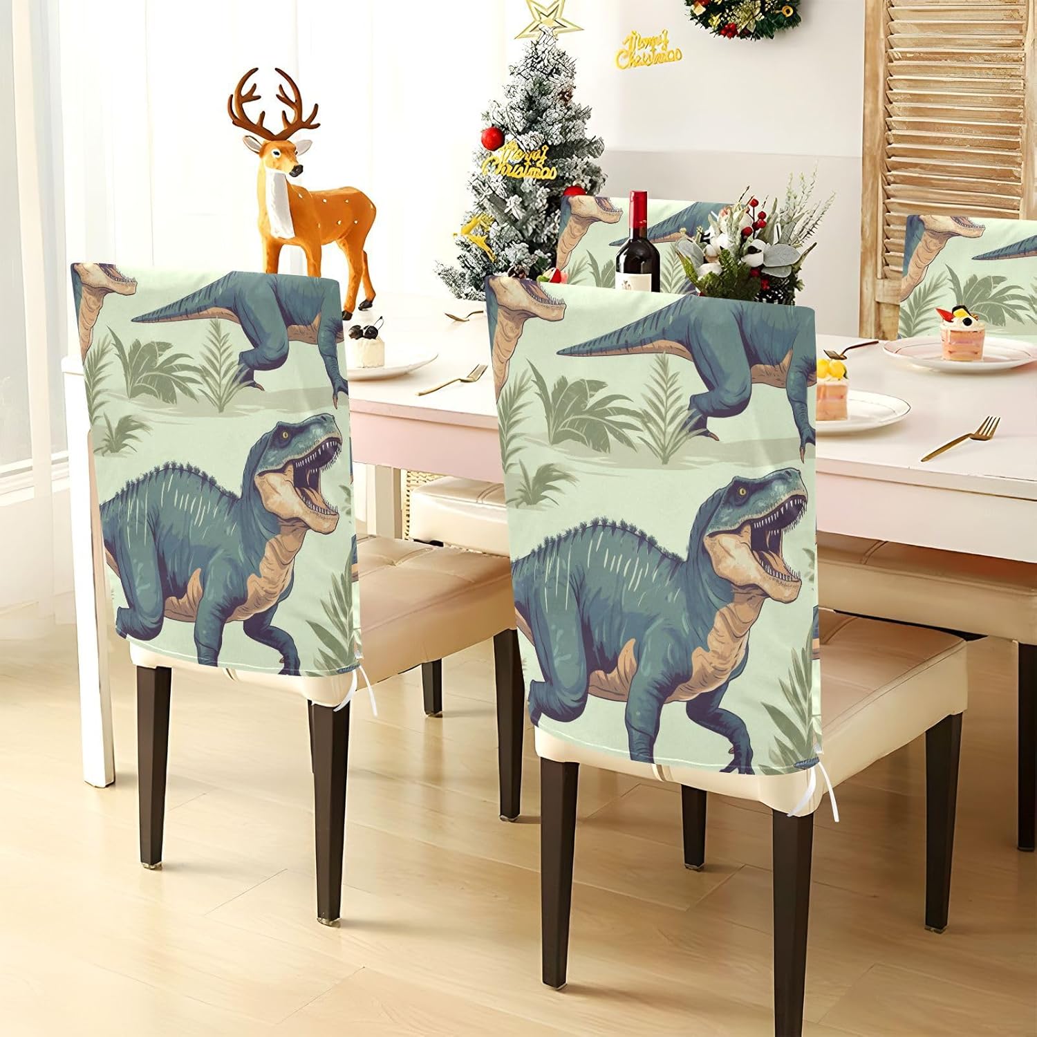 ALAZA Dinosaur Tropical Leaves Chair Back Cover Set of 6, Washable Reusable Removable Chair Slipcovers Decorative Chair Cover for Home Kitchen Wedding Party