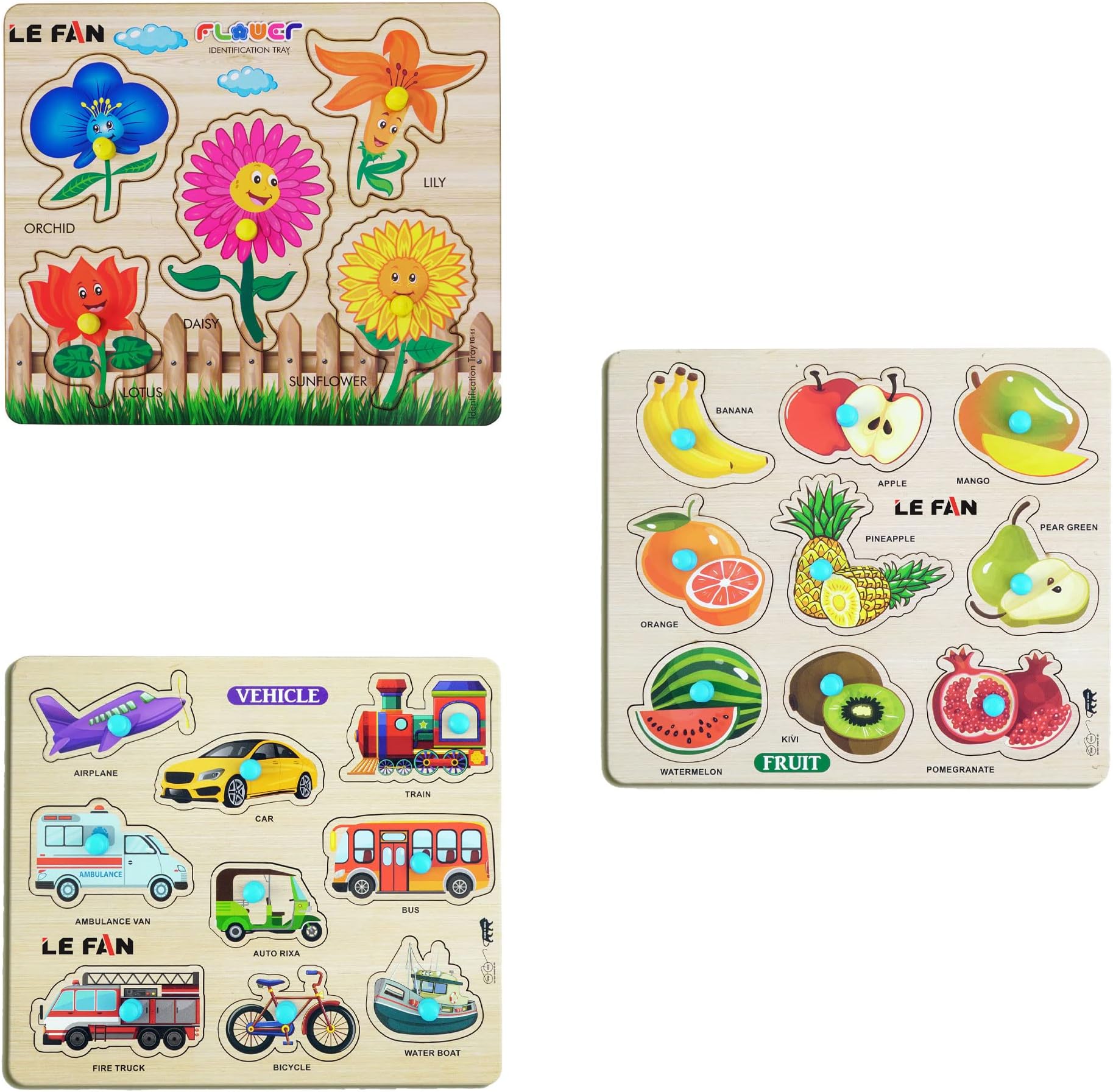 Lefan® Kids Fort Pre Nursery Educational Jigsaw Puzzles for Adults kids Learning Toys Kit Board Game 3 pcs Set of Flower Fruits & Vehicle Educational Toy