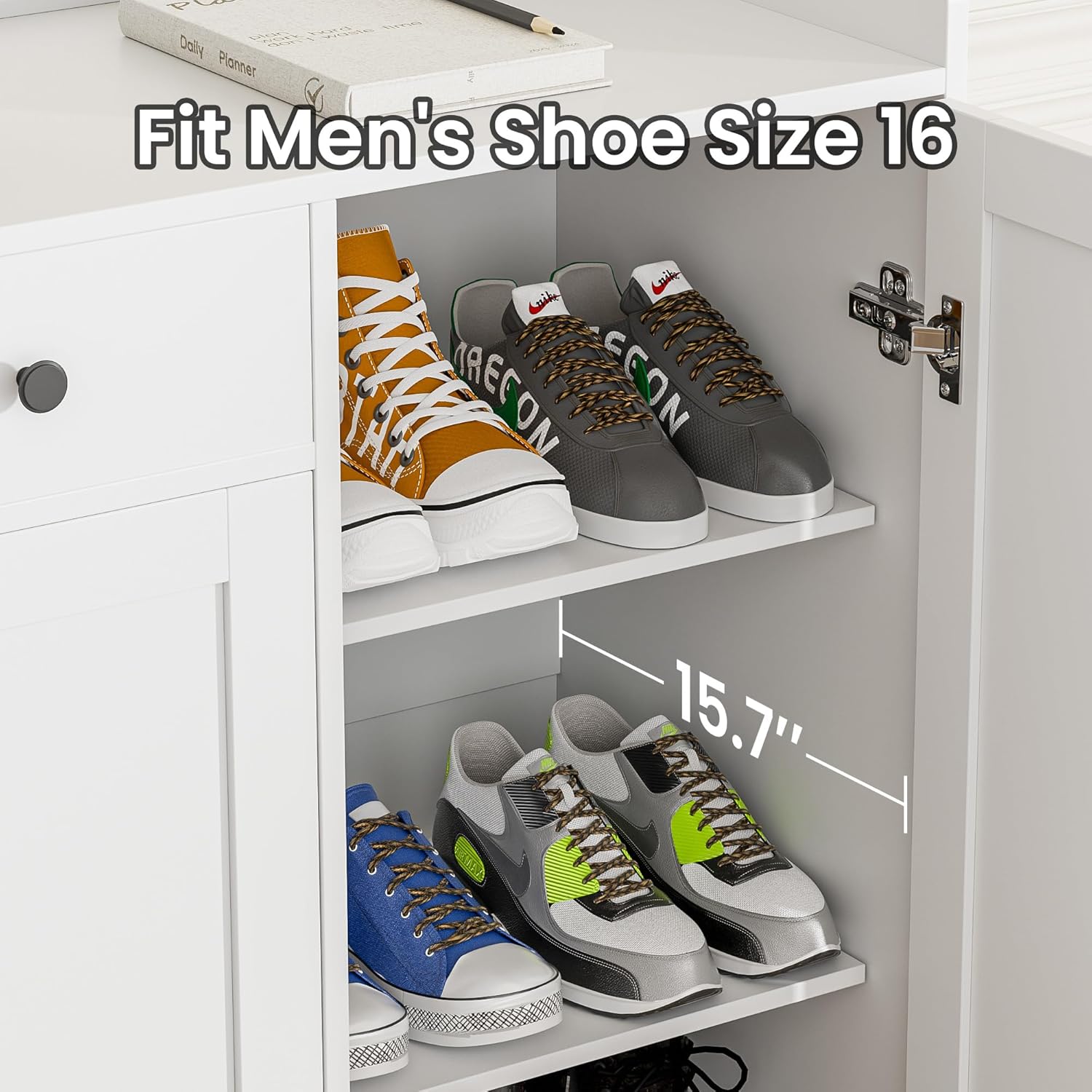 White Large Shoe Cabinet fit up to Shoe Size 16, Shoe Storage Cabinet with 3 Doors and 1 Drawer, Wooden Shoe Organizer for entryway