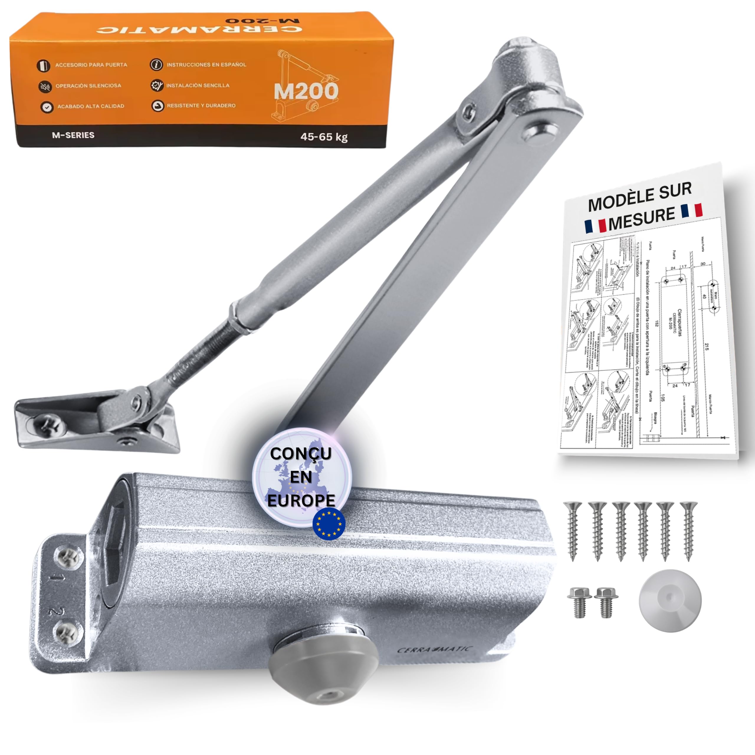 M-200 Ferme Porte – Groom Hydraulique à Bras Articulé, Fermeture Porte Automatique Silencieuse, Amortisseur 40-65kg, Anti Claquement