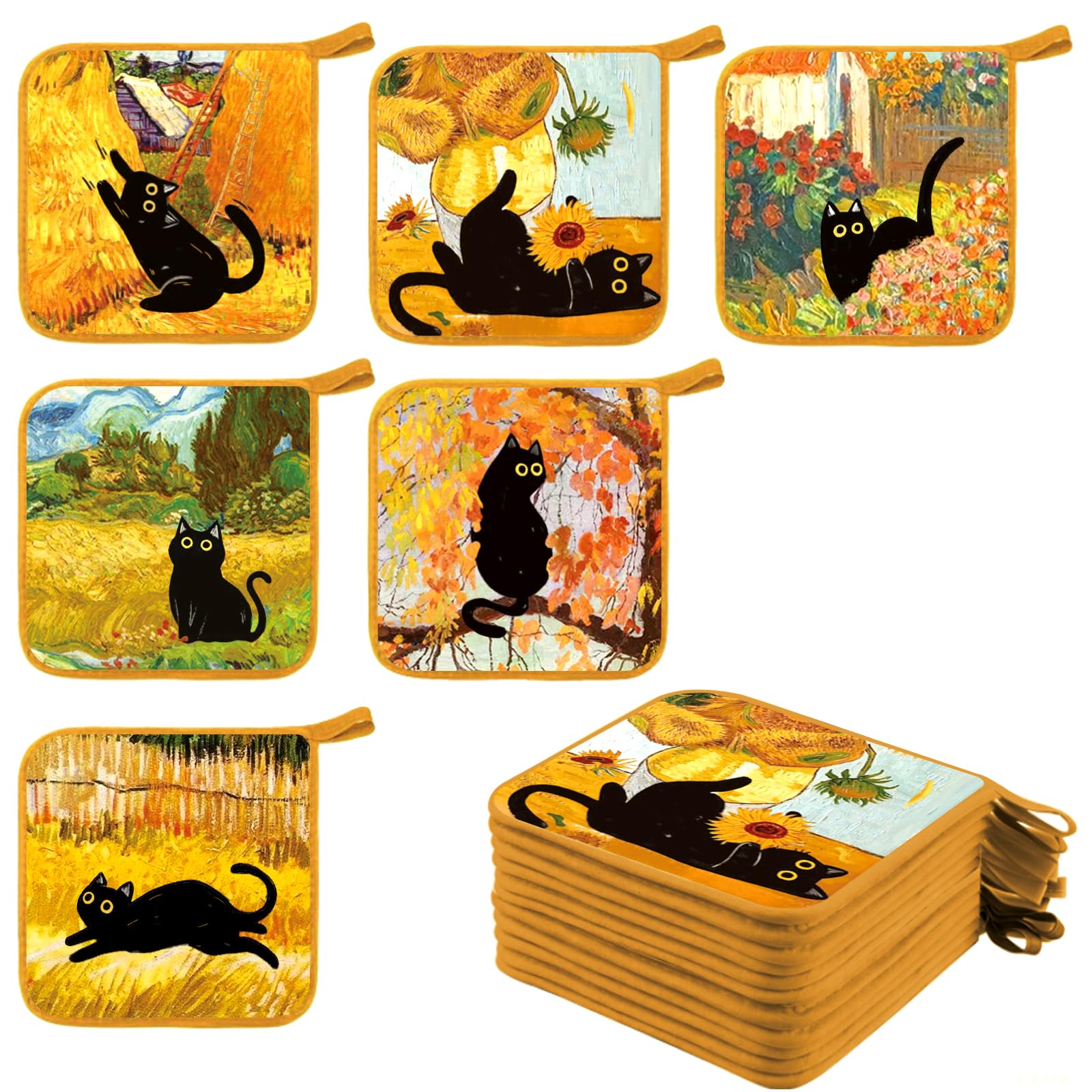 Maniques anti-chaleur chat noir Van Gogh pour manipuler les plats chauds sans se brûler