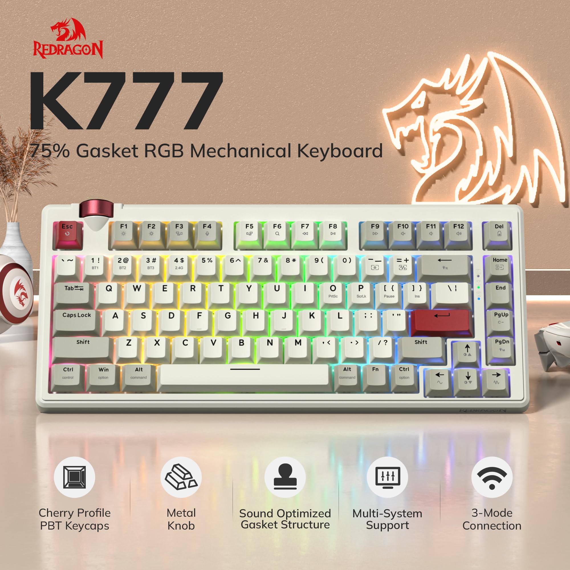 Redragon K777 - Tastiera meccanica da gioco wireless al 75%, sostituibile a caldo, con manopola, suono cremoso Thocky, tri-mode BT5.0/2,4 GHz/USB-C, North-Facing RGB, per PC e Mac (grigio e beige)