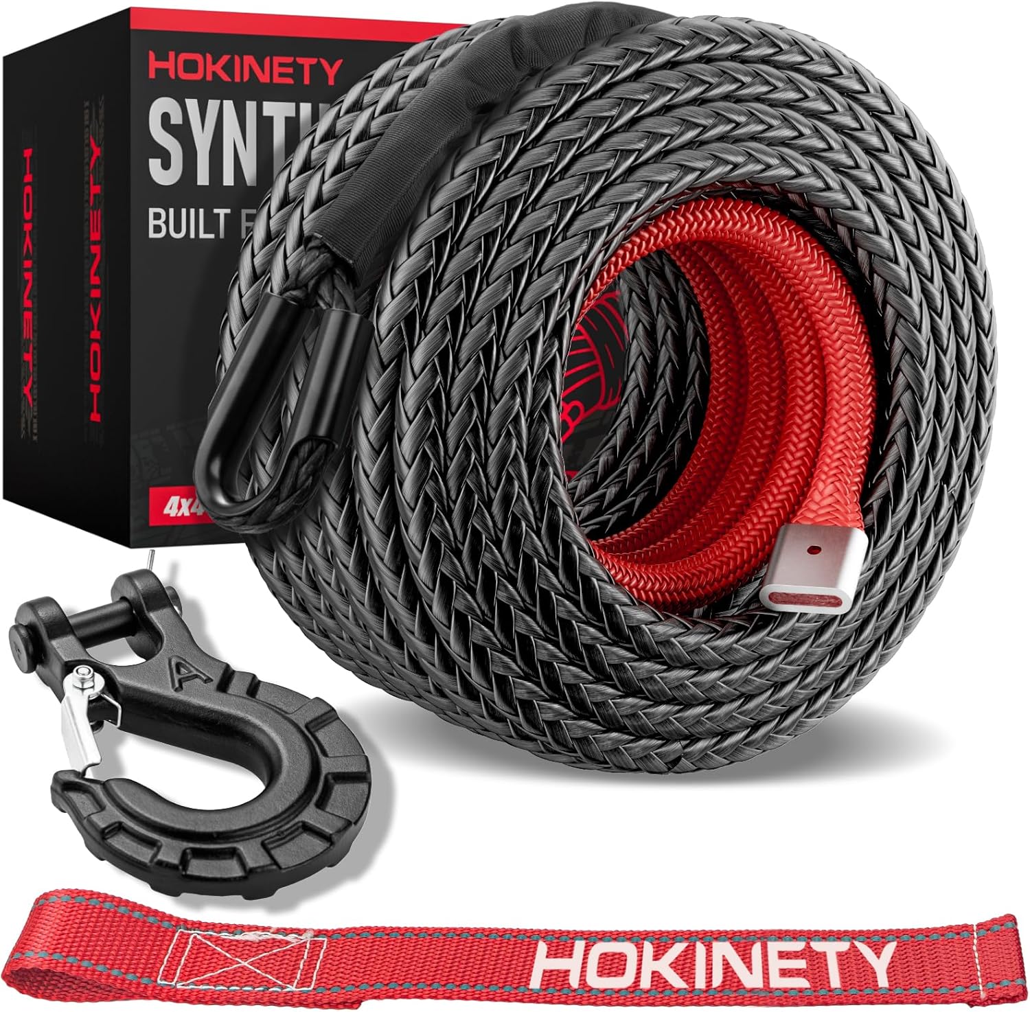 Synthetic Winch Rope Kit - 3/8" x 100' 27000 lbs Kinetic Recovery Cable for ATV UTV Off-Road Vehicles with Forged Hook, Protective Sleeve and Safety Pull Strap - Black