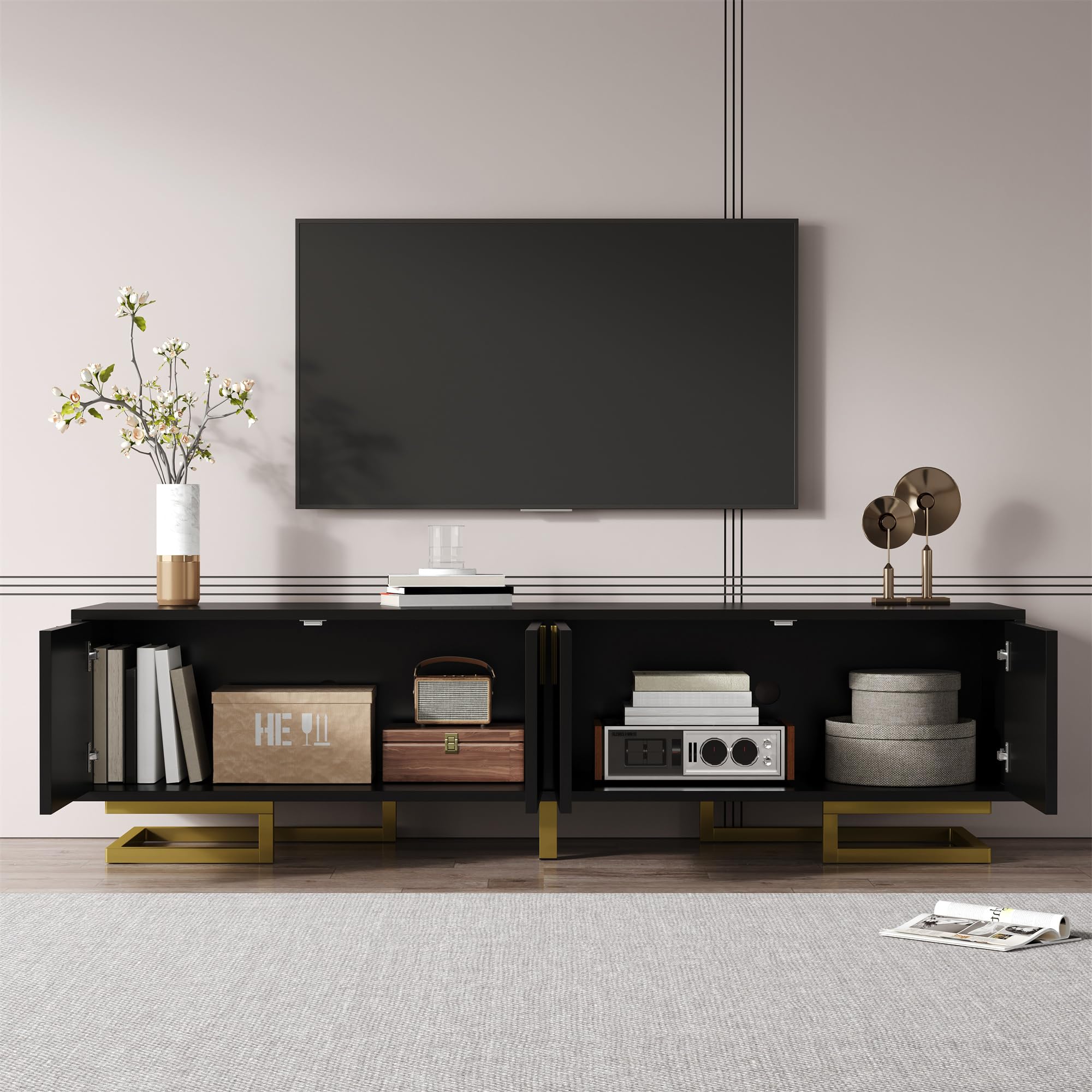 TV-Schrank,Lowboard mit strukturierten Türen,TV-Möbel,Goldene Griffe und Goldene Beine 40x160cm (Schwarz)