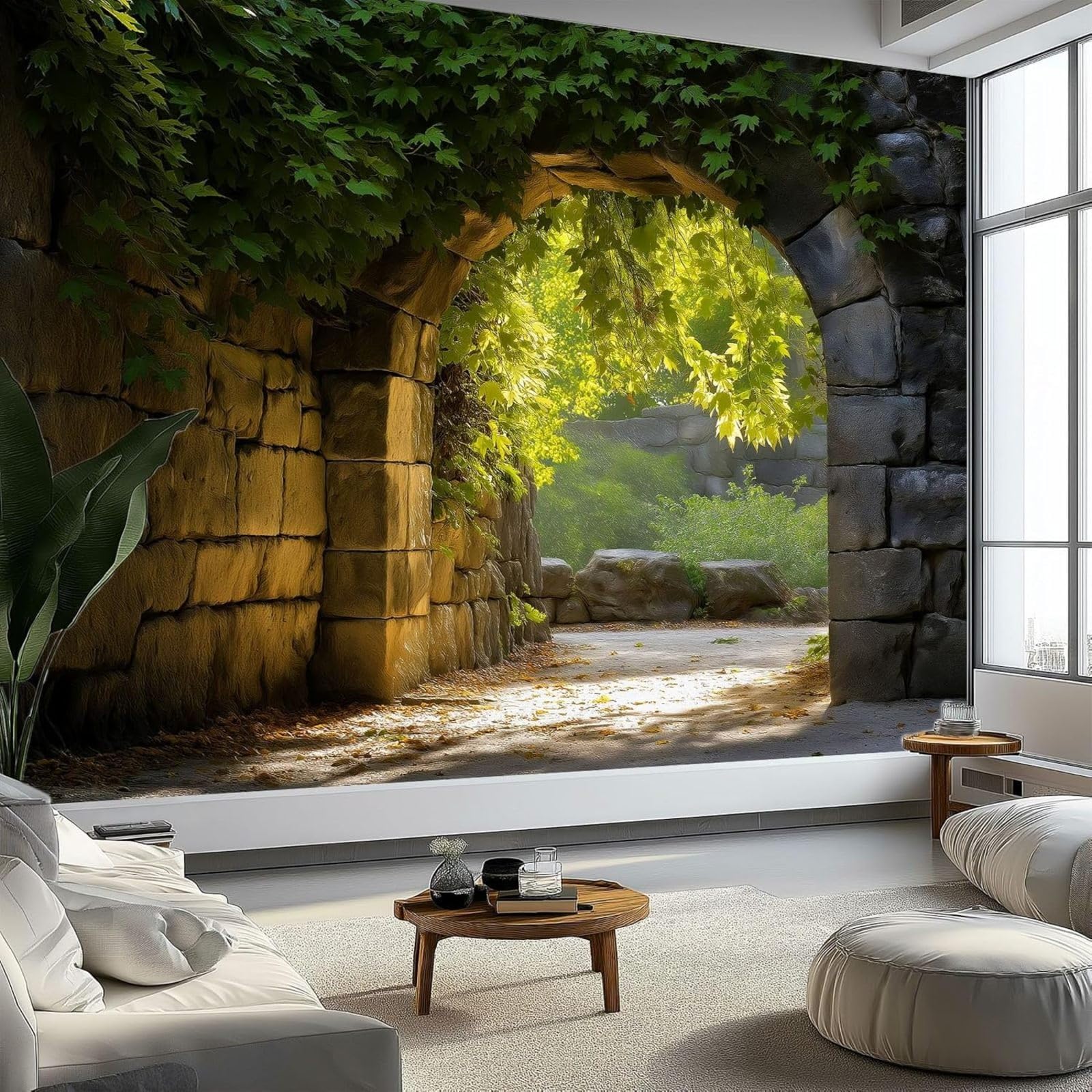 hgjdjhnf Natural Garden Wall Mural with Arch Non-Woven Wallpaper Wall Decor for Living Room Bedroom Apartment Green 350cm x 256cm