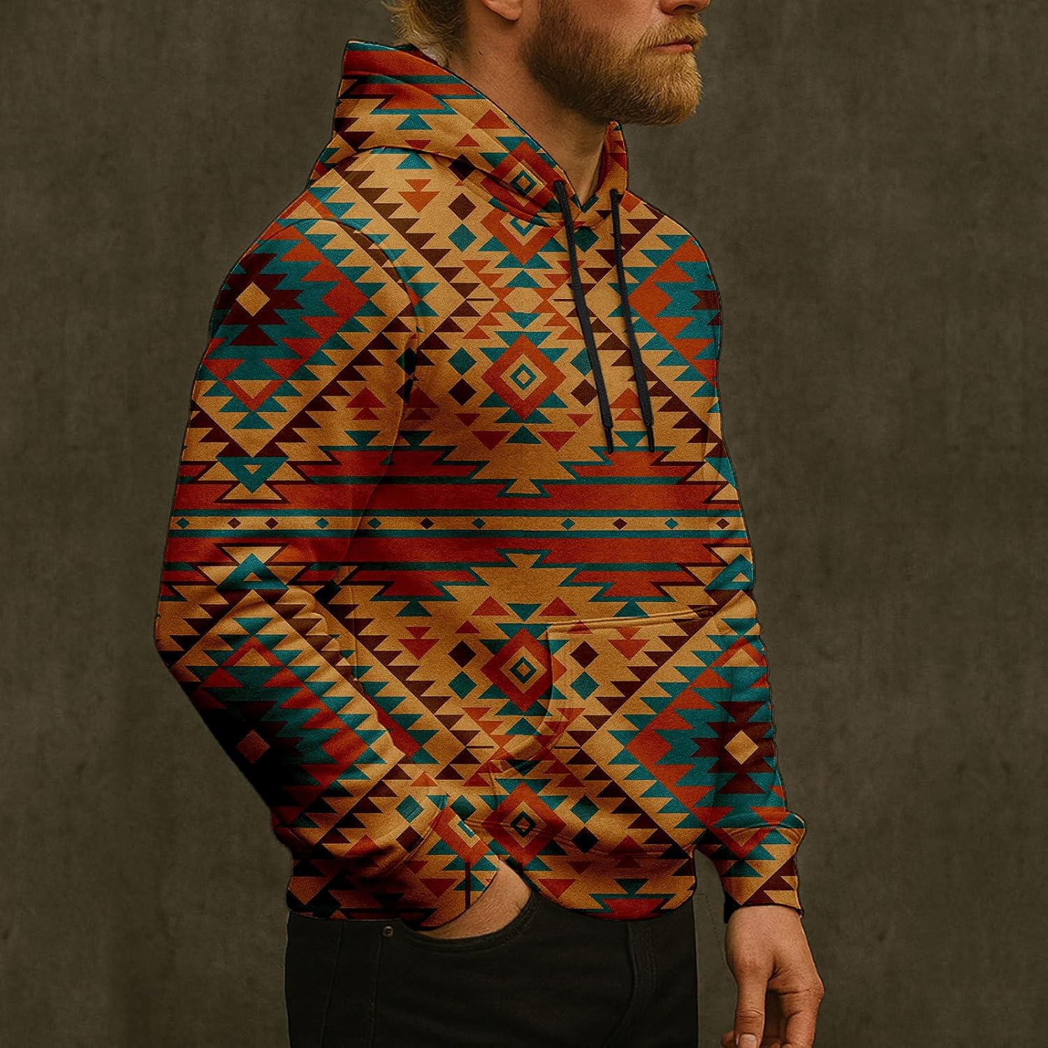 Mens Western Tribal Geometric Hoodie Warm Fleece Pullover