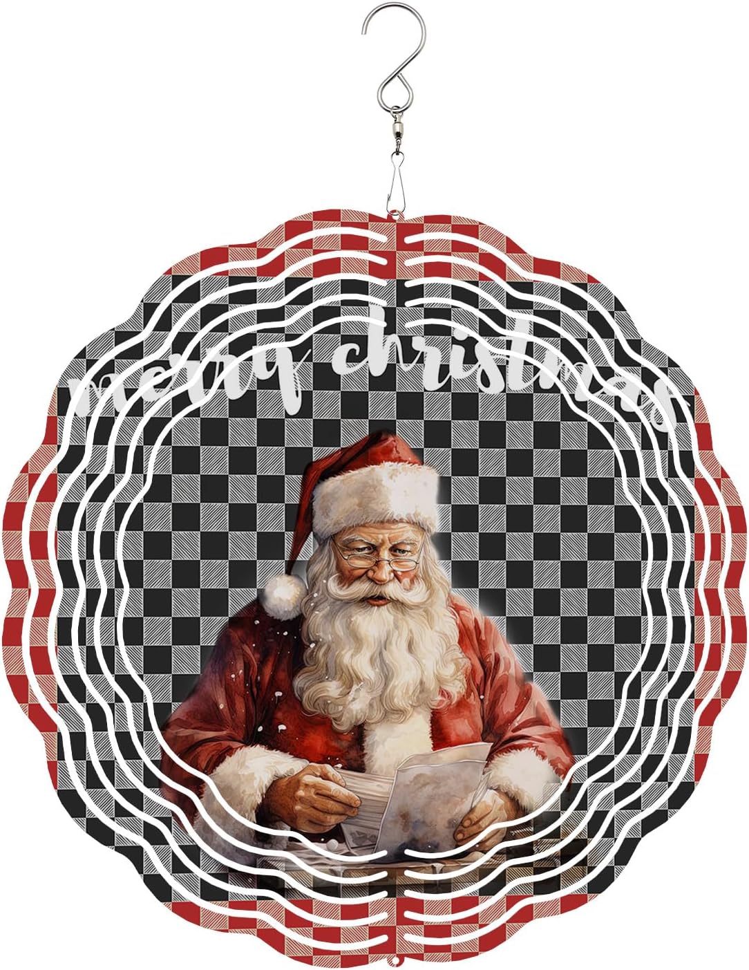 Merry Christmas Wind Spinners, Santa Claus Red and Black Plaid Xmas Hanging Wind Spinners for Yard and Garden 3D Stainless Steel Metal Sculptures Crafts Ornaments 12 inch