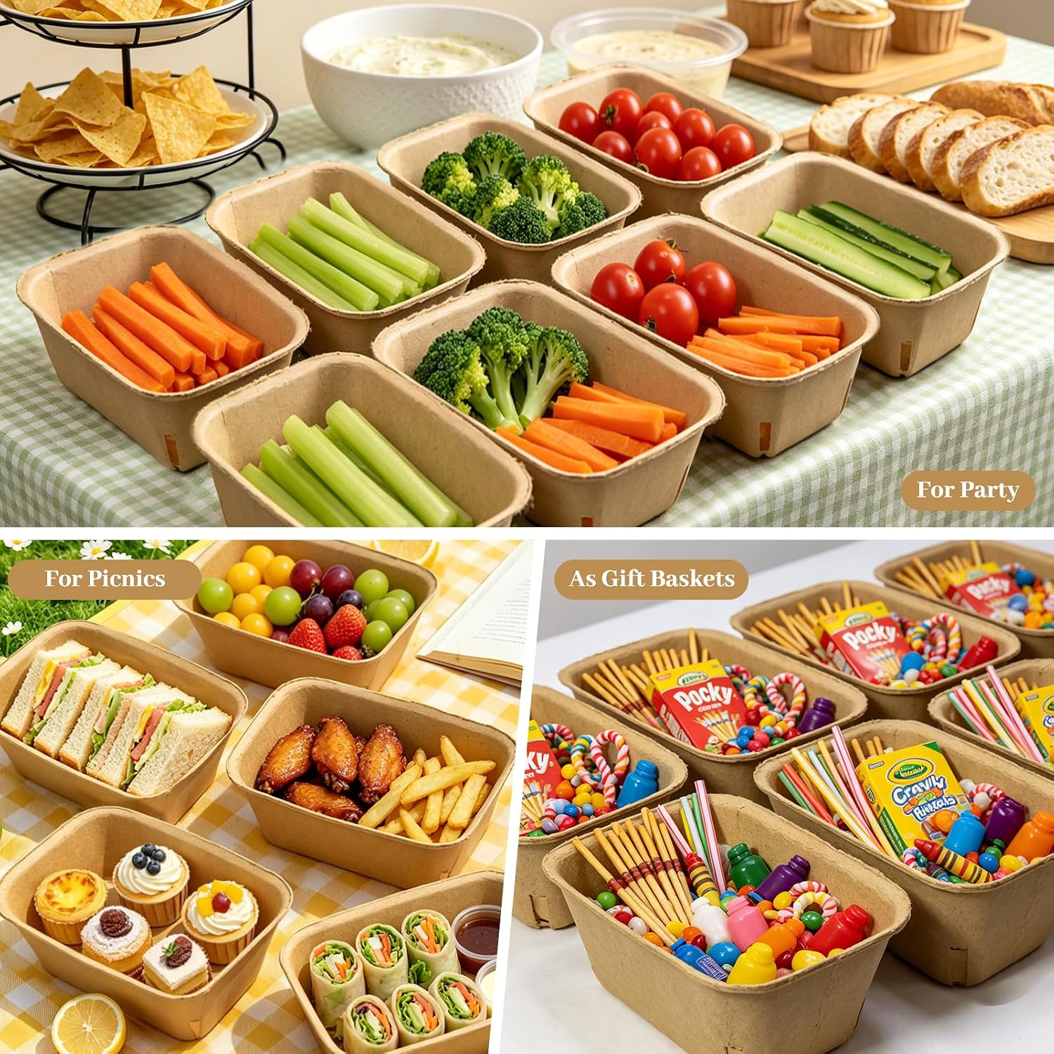 100 Pack Natural Pulp Fiber Berry Baskets, Rectangular Strawberry Produce Vented Container, Bulk Molded Fruit Boxes, Vegetable Picking Holder for Farmers Market, Grocery Store, Backyard Party
