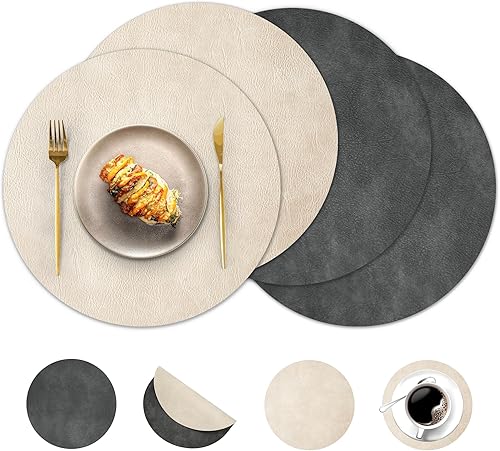 Miniatura 27 de Juego de 6 manteles individuales redondos y posavasos, manteles individuales reversibles lavables de cuero sintético con patrón de cuero de vaca,