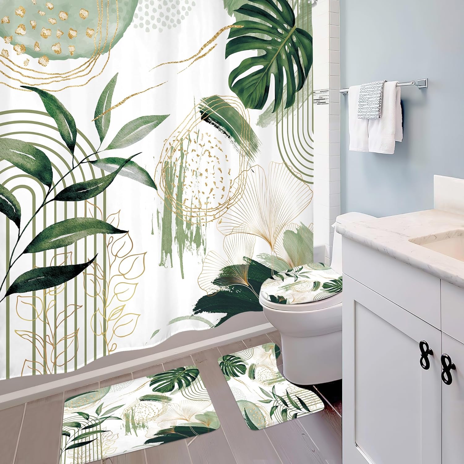 4 PCS Sage Green Boho Shower Curtain Set 72Wx72H, Non-Slip Bath Rug Toilet Lid Cover and U Shape Mat Modern Tropical Palm Leaves Complete Bathroom Set Accessories with 12 Hooks Bathroom Decor
