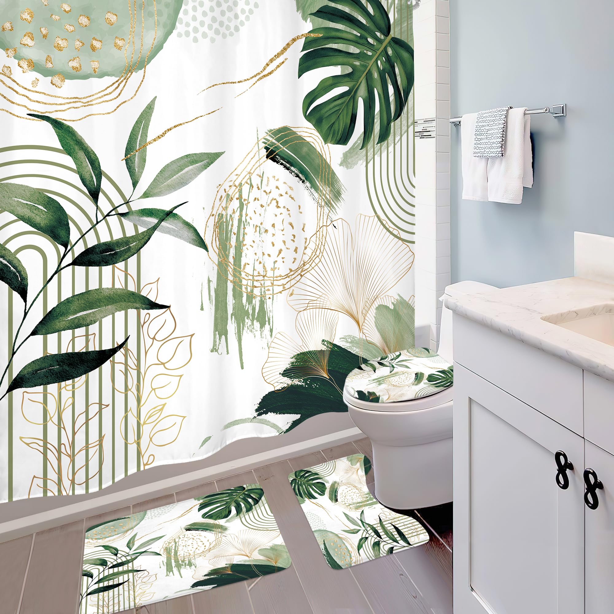 TERSUM Boho Sage Green Striped Shower Curtain Set - No Hook Design With Snap-in Liner, See-Through Top Window, 71x74 Inches