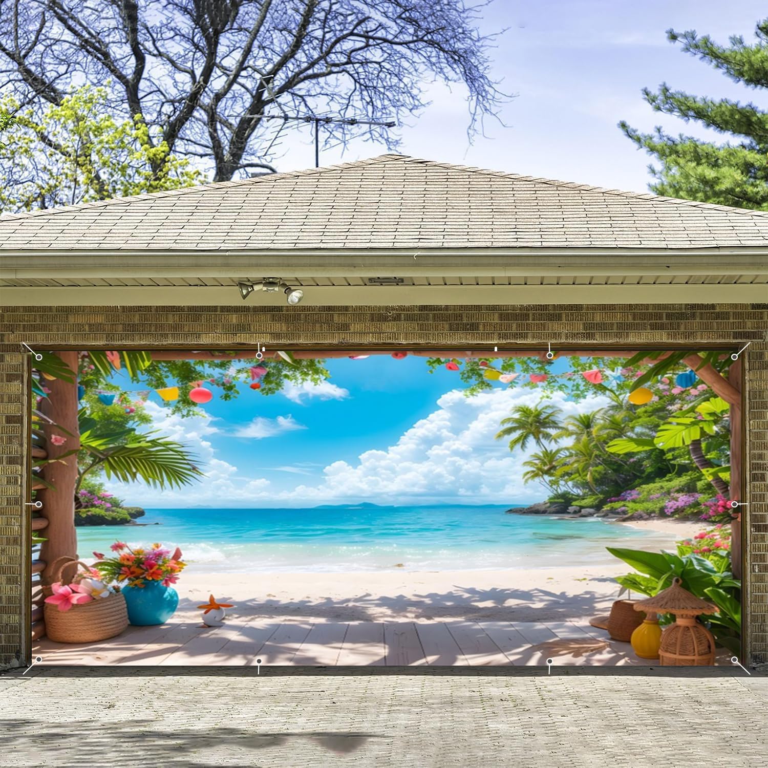 7x16ft Tropical Beach Garage Door Cover Greenery Palm Trees Garage Door Summer Decorations Banner for 2 Car Garage Large Hawaiian Banners for Outdoor Luau Party Supplies