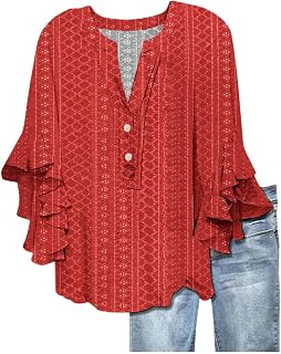 Ruffled Blouses for Women 3/4 Length Sleeve Womens Flowy Tops Plus Size Tshirts Casual Lightweight Eyelet Clothes