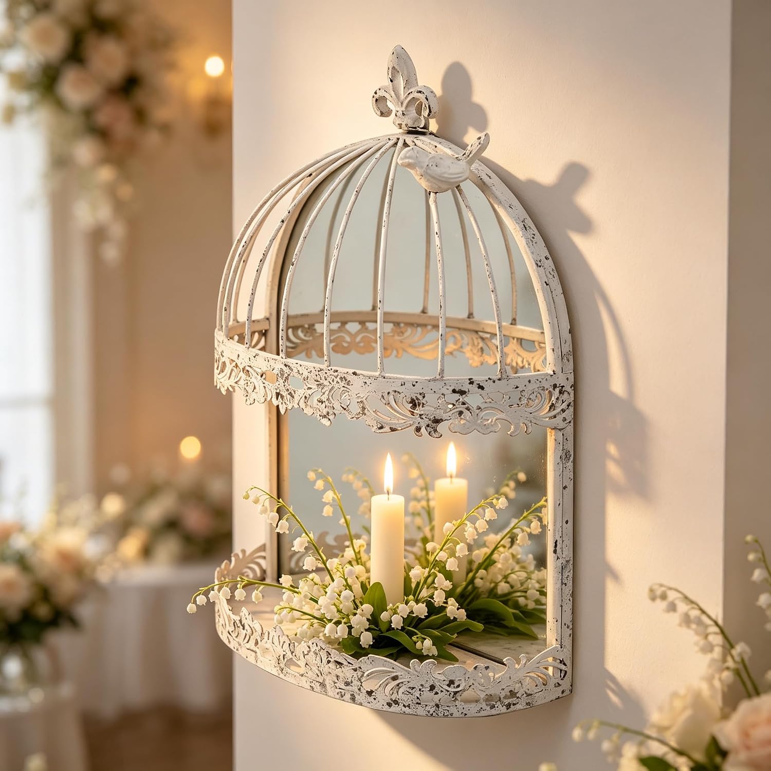 Vintage Wall Candle Sconces, Rustic White Mirrored Wall-Mounted Candle Holder - Elegant Birdcage Metal Candlestick Holder for Living Room Bedroom Vanity Entryway Decor