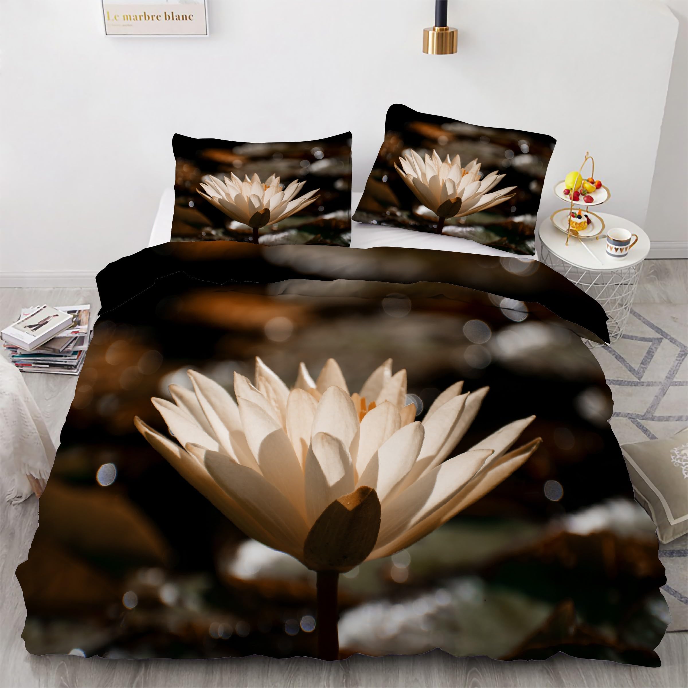 Parure de lit 220x240 en microfibre douce infroissable motif fleur de lotus blanche Kg1091