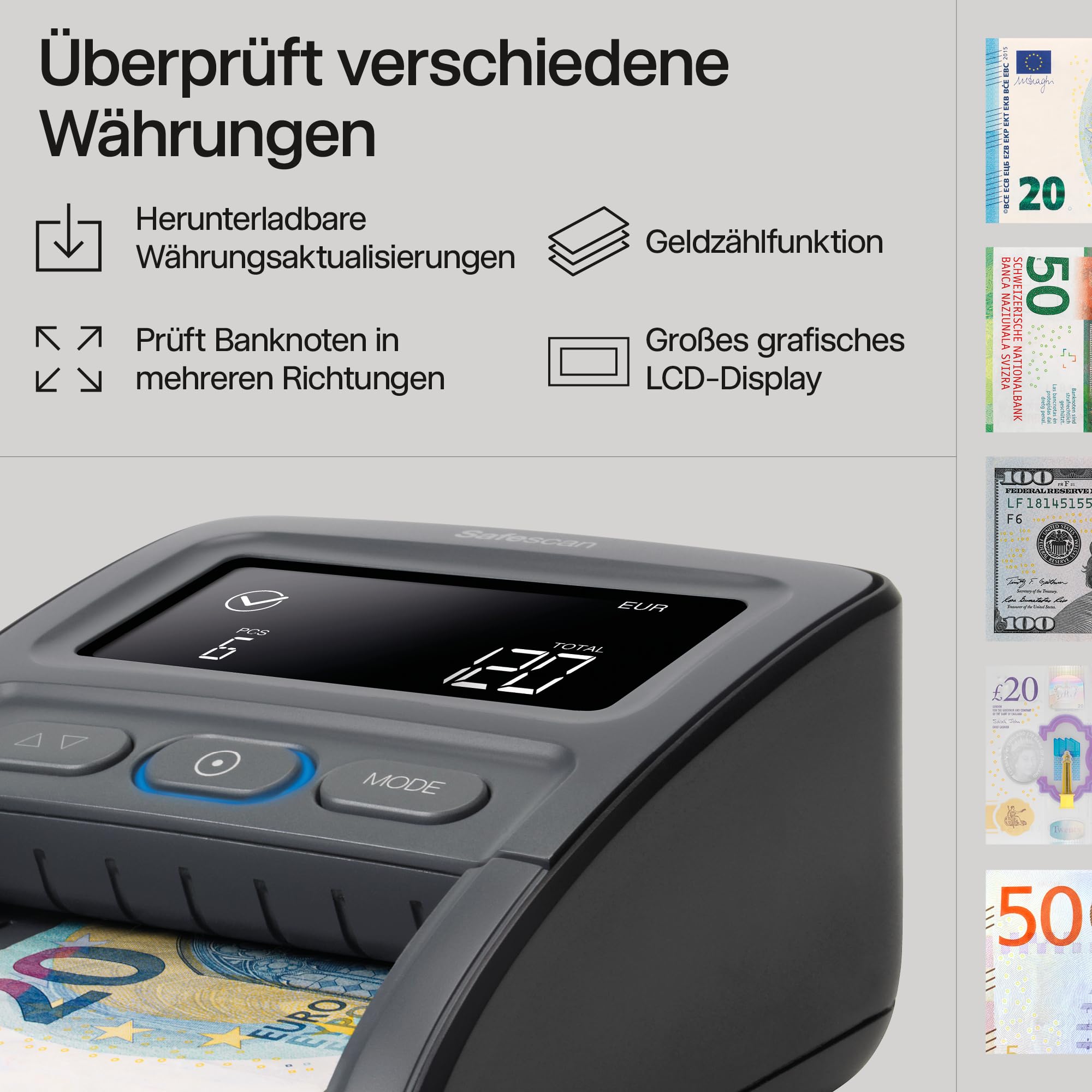 Safescan 155-S automatischer Geldscheinprüfer zur schnellen Überprüfung von Geldscheinen - Falschgeldprüfgerät mit 7-facher Echtheitsprüfung - 100% genauer Geldscheinprüfer