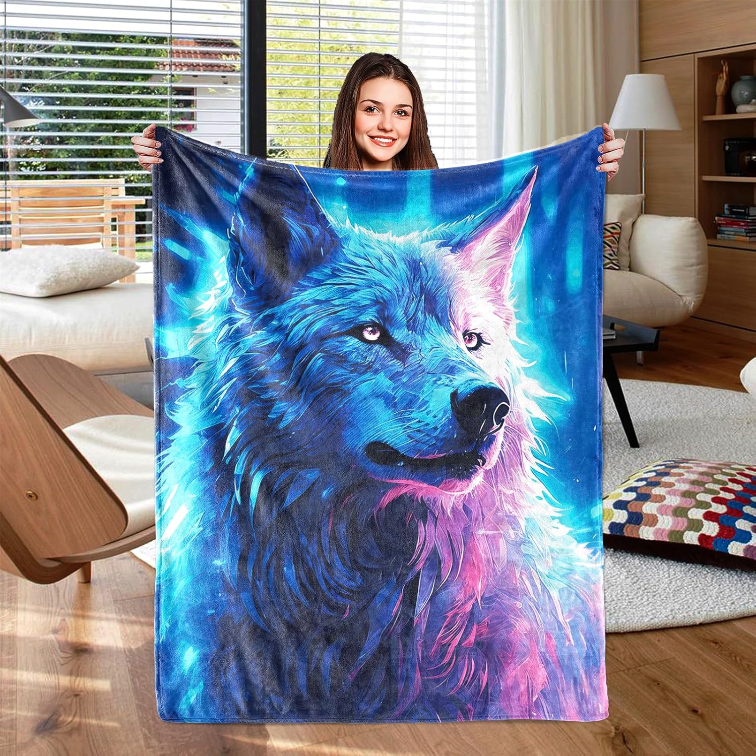 Svdajug Colorful Wolf Blankets, Wolf Throw Blankets, Wolf
