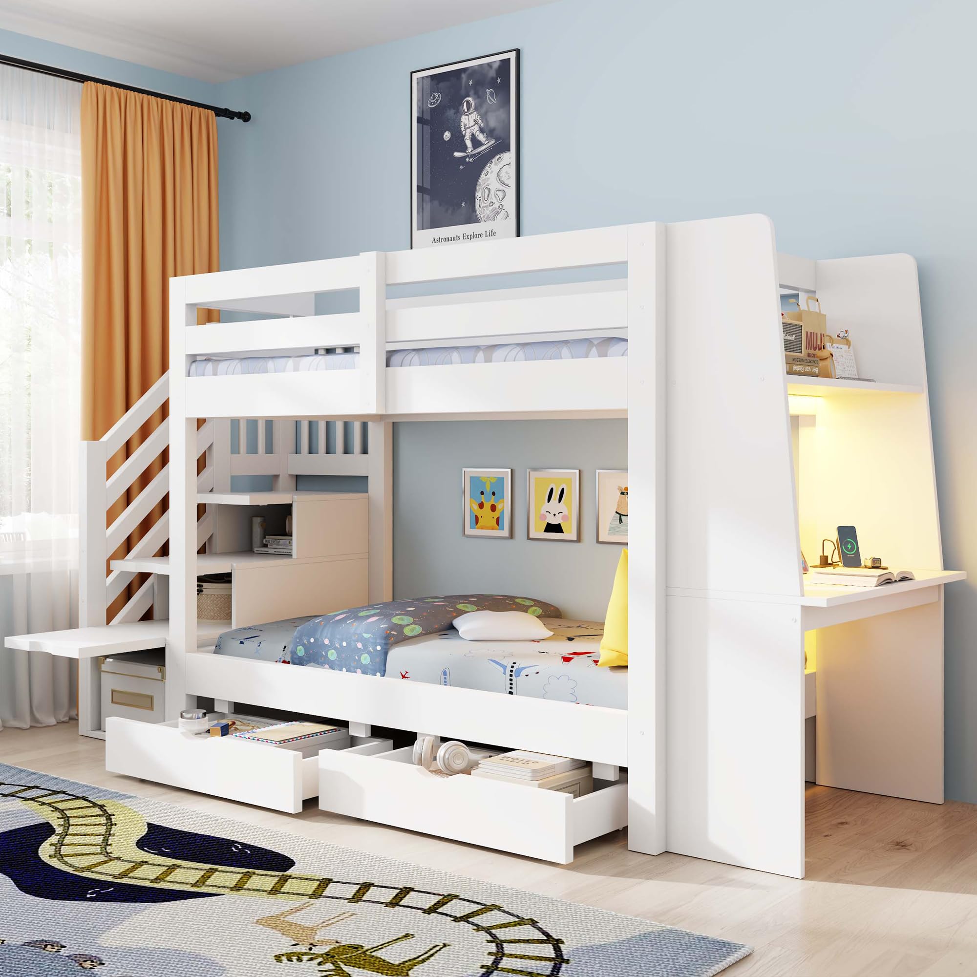 Etagenbett für Kinder, 90x200cm, Holzrahmen mit Leiter, integriertem Schreibtisch und Schubladen. Geeignet für Jugendliche und Erwachsene. Weiß.