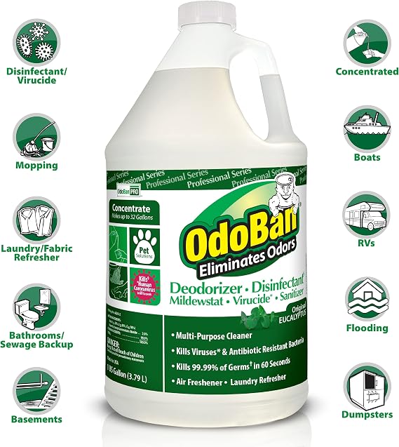 OdoBan Professional Disinfectant and Odor Eliminator Concentrate, Made in the USA, Original Eucalyptus Scent, 4-Pack, 1 Gallon Each