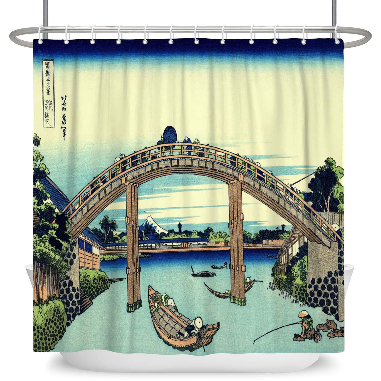 SDOTPMT 72x72inch Ukiyo-e Japanese Vintage Bridge Mount Fuji Scenery Shower Curtain Orient Traditional Ethnic Anime Bath Curtain Kanagawa Natural Shower Curtain for Bathroom Polyester with Hooks