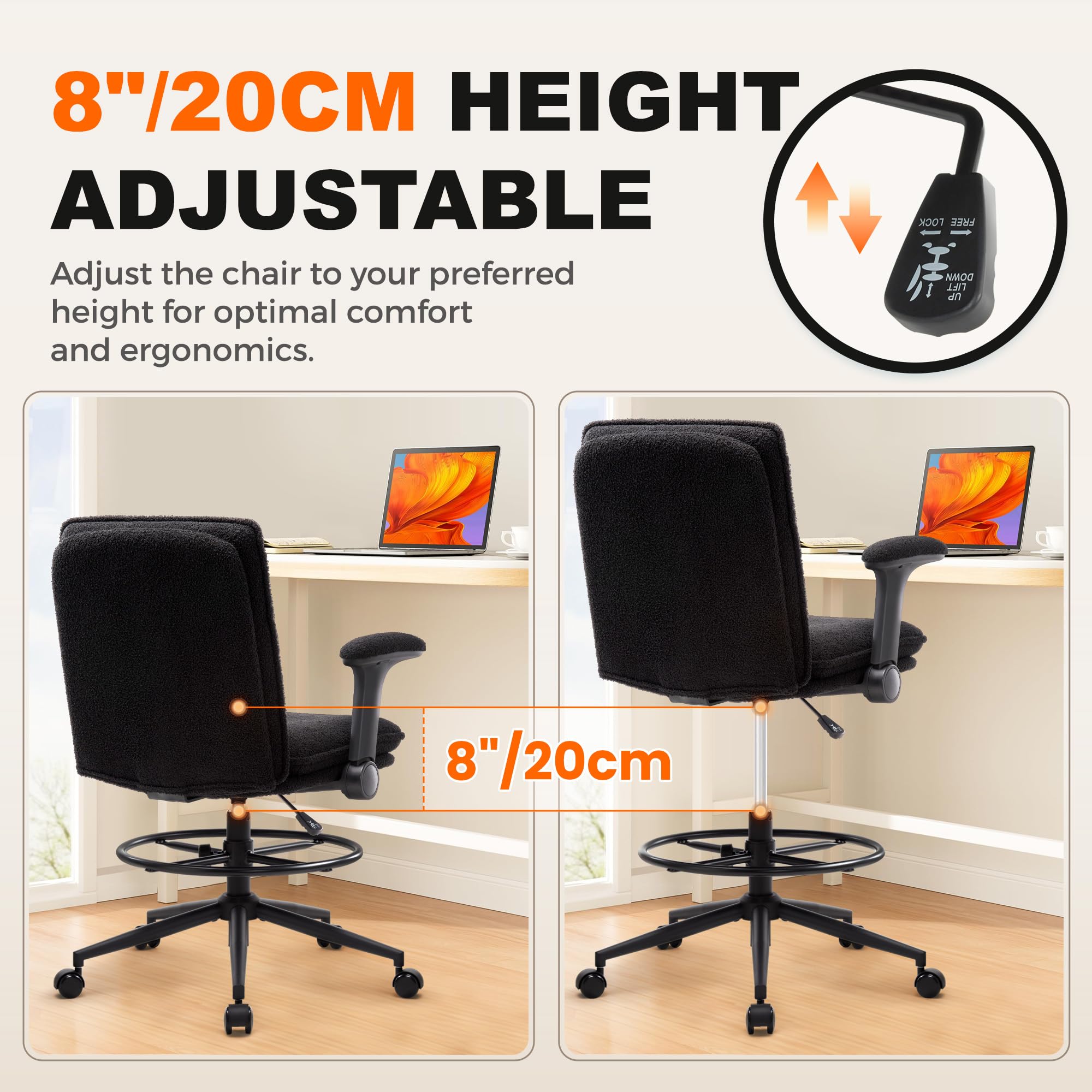 Silla de trabajo ergonómica regulable en altura, giratoria con reposapiés ajustable y reposabrazos plegables negra