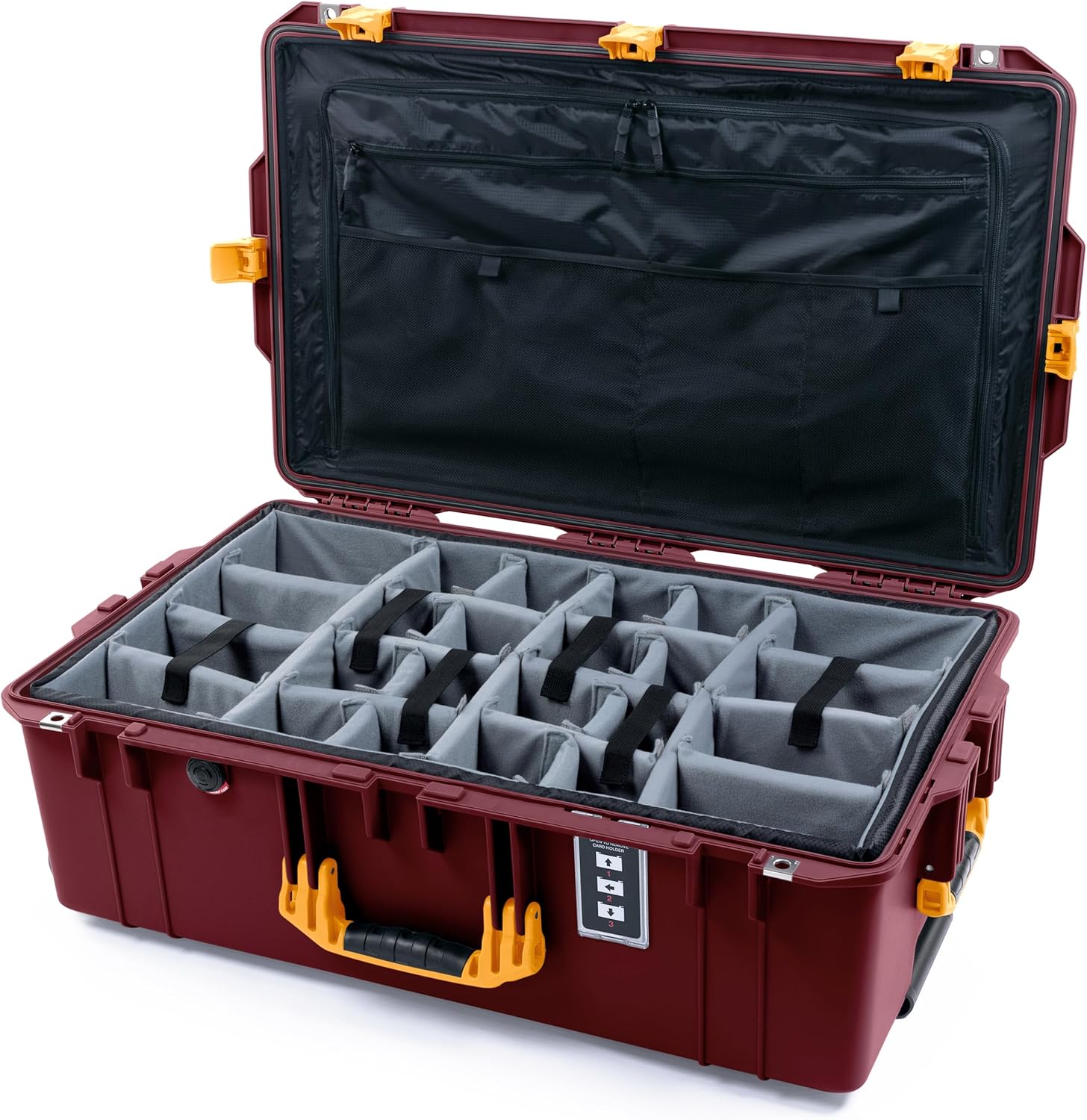 ColorCase Pelican 1595 Case OxBlood - Large Sized Waterproof Case with Grey Padded Dividers & Combo Pouch Lid Organizer- Yellow Handles & Latches
