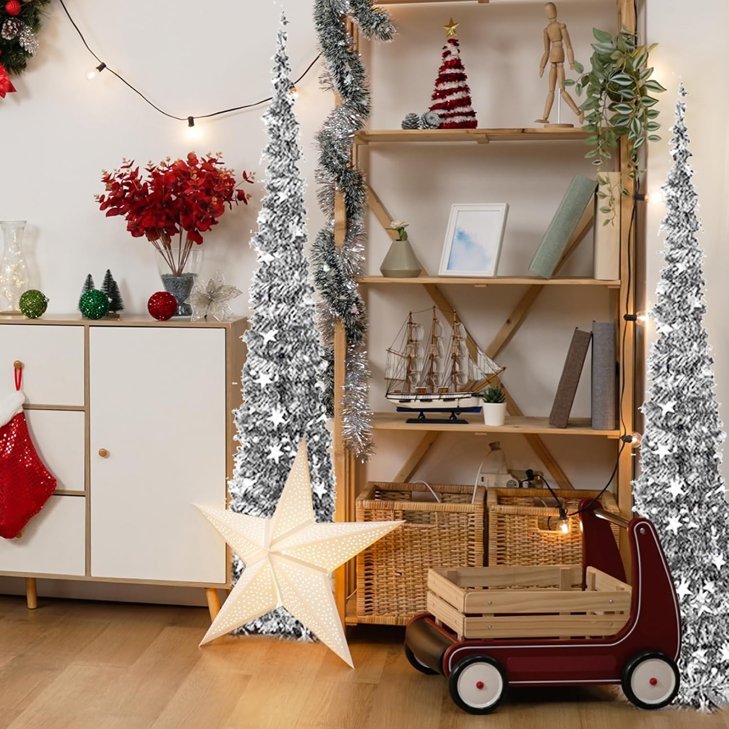 up Christmas Tree 5Ft Tall Tinsel Christmas Tree with Stand Collapsible Artificial Pencil Xmas Decor for Home Apartment Party Silver..