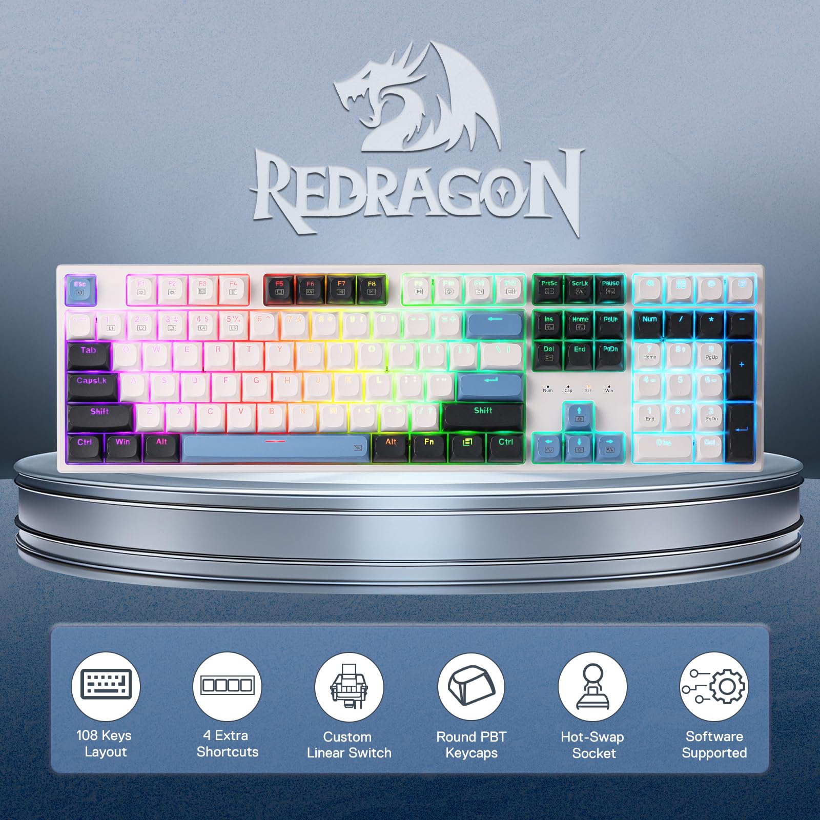 Redragon K668 Tastiera Gasket RGB HotSwap 108 Tasti Meccanica PC Gioco | 4 Tasti Scelta Rapida Schiuma Fonoassorbente Tasti Extra per PC Gioco Layout Italiano