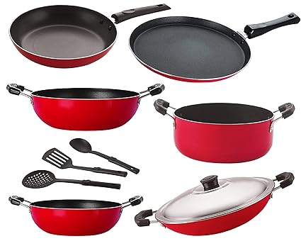 Nirlon Kitchen Accessories for Cooking Non Stick Aluminium 9 Pieces cookware Set, Red & Black [26_KD13_KD14_CH_FT11_Cass20_TP24_3SPN]