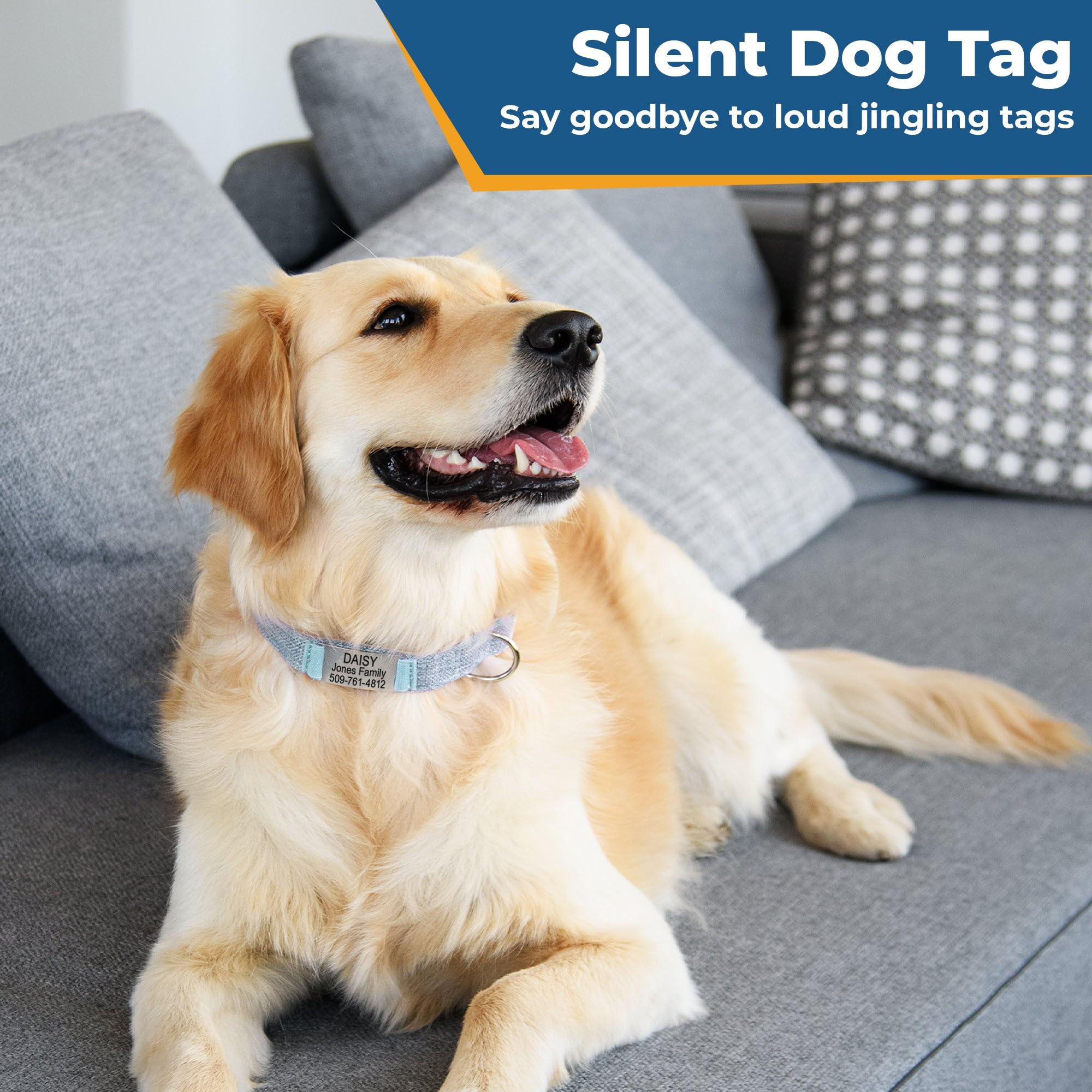 GoTags Collare per cani in canapa naturale personalizzato con targhetta per cani incisa, targhetta silenziosa per animali domestici con numero di telefono, dimensioni regolabili per cani e gatti di