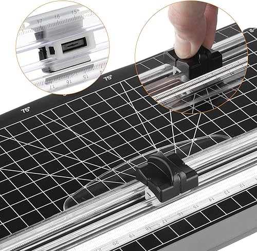 Miniatura 5 de Firbon Paquete de cortador de papel verde A4 con 5 cuchillas de repuesto negras, recortadora de papel de 12 pulgadas con regla lateral para álbumes