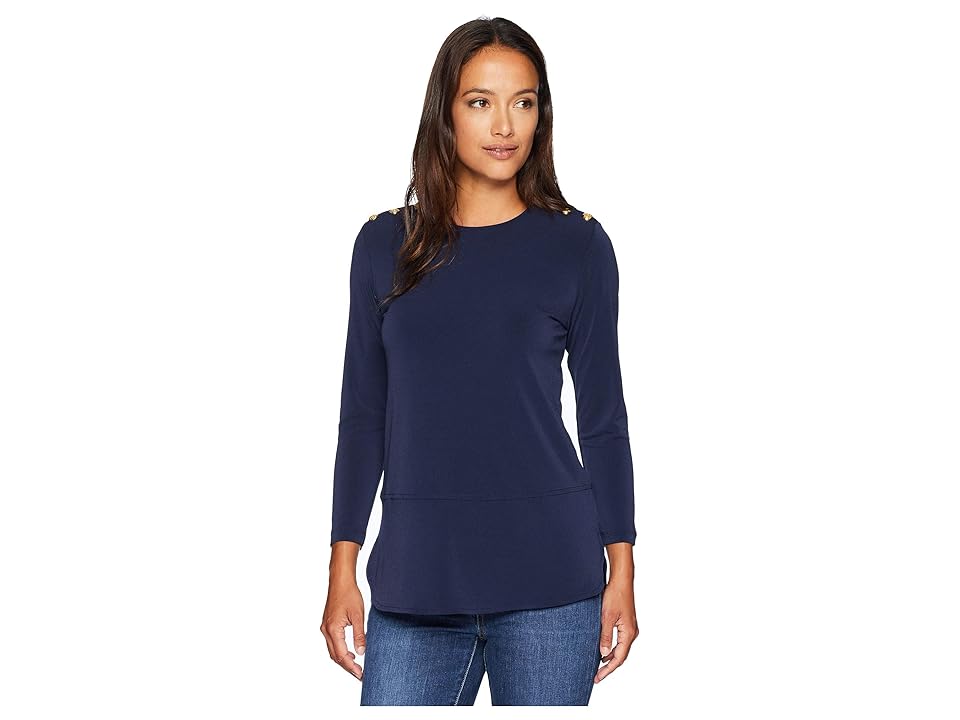 

LAUREN Ralph Lauren Petite Button-Trim Matte Jersey Top (Navy) Women's Clothing
