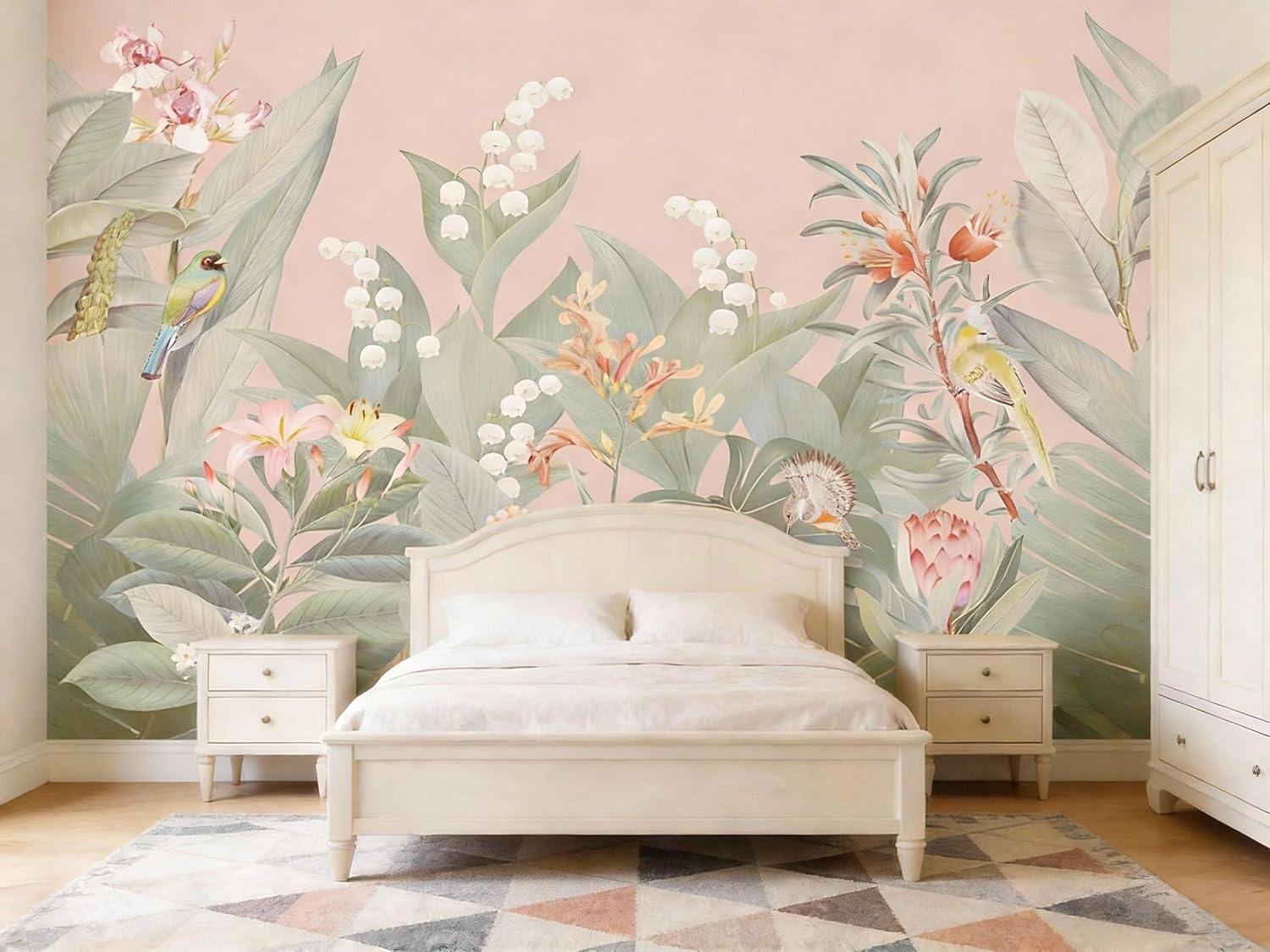 Vibrant Tropical Wall Mural - Lush Green Leaves, Colorful Flowers & Exotic Birds - Botanical Jungle Theme Peel and Stick Wallpaper Mural