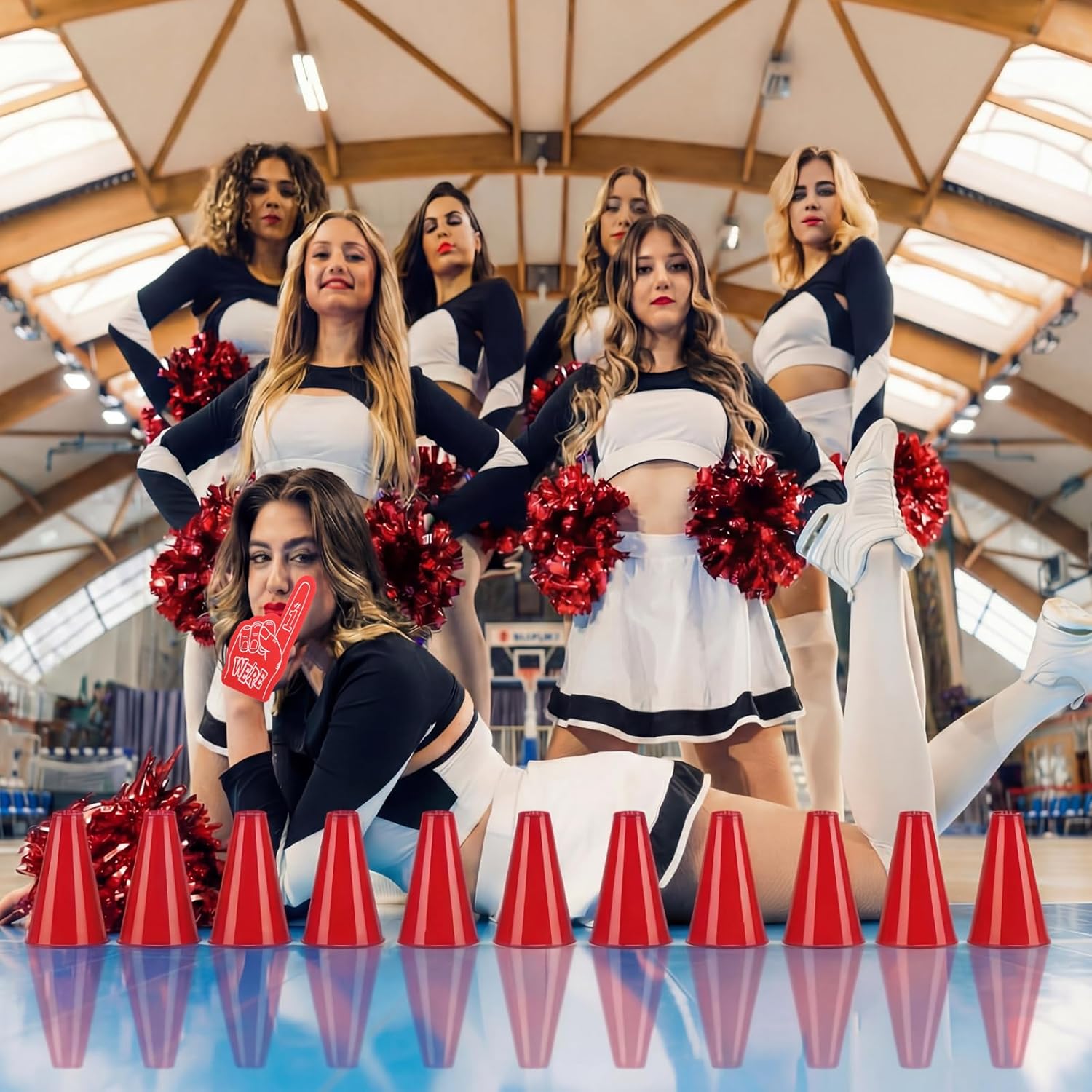 12 Set Team Spirit Accessories for Cheerleading Cheer Megaphone Pom Poms and We're #1 Fan Foam Finger Cheerleader Gifts for Sports Events Football Baseball Cheering Supplies