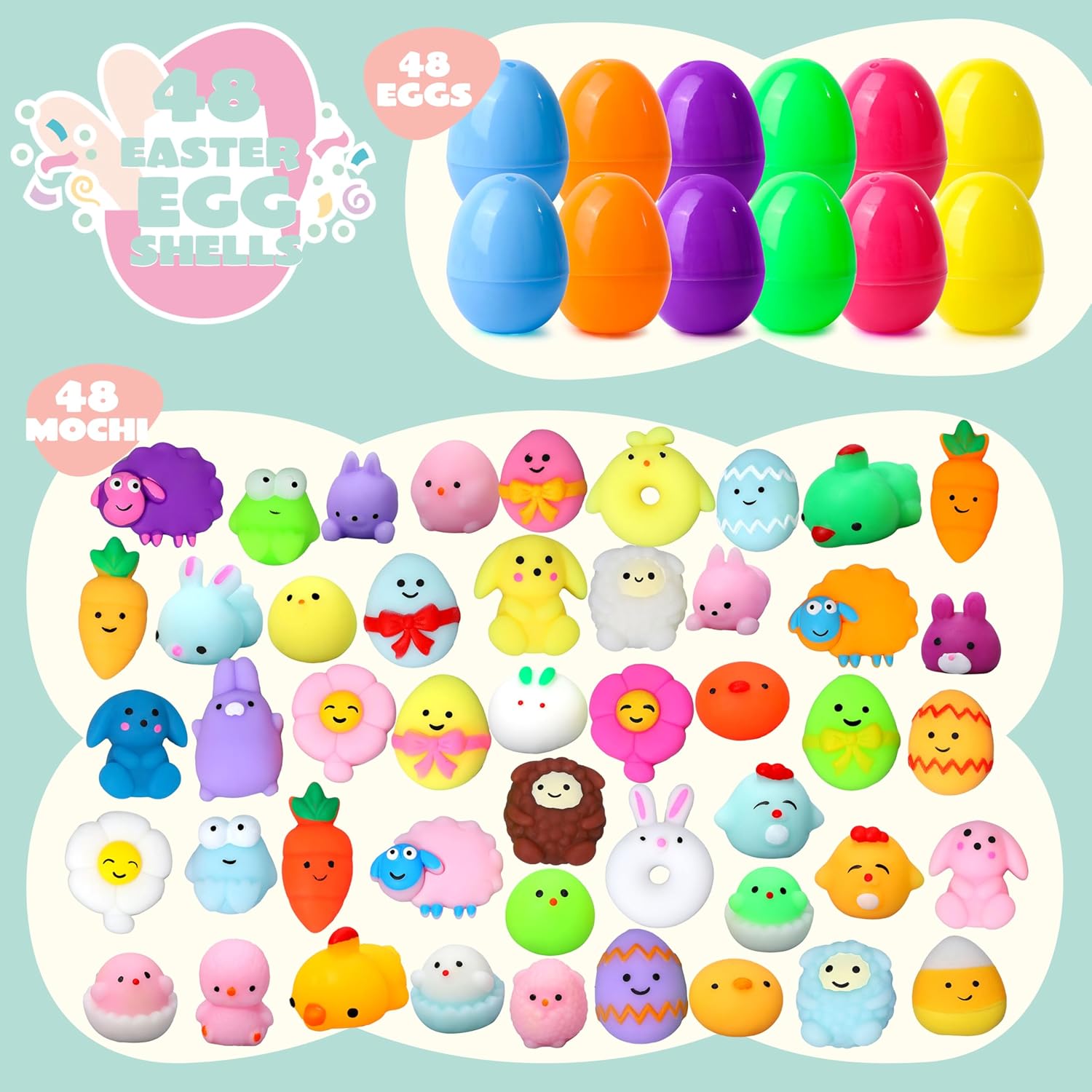 JOYIN 48 Pcs Easter Prefilled Eggs with Mochi Squishy Toys, Kawaii Stress Reliever Squishy Toy for Easter Egg Hunt, Kids Party Favor, Basket Stuffers, Goodie Bag Fillers, Classroom Prize Supplies - Image 3