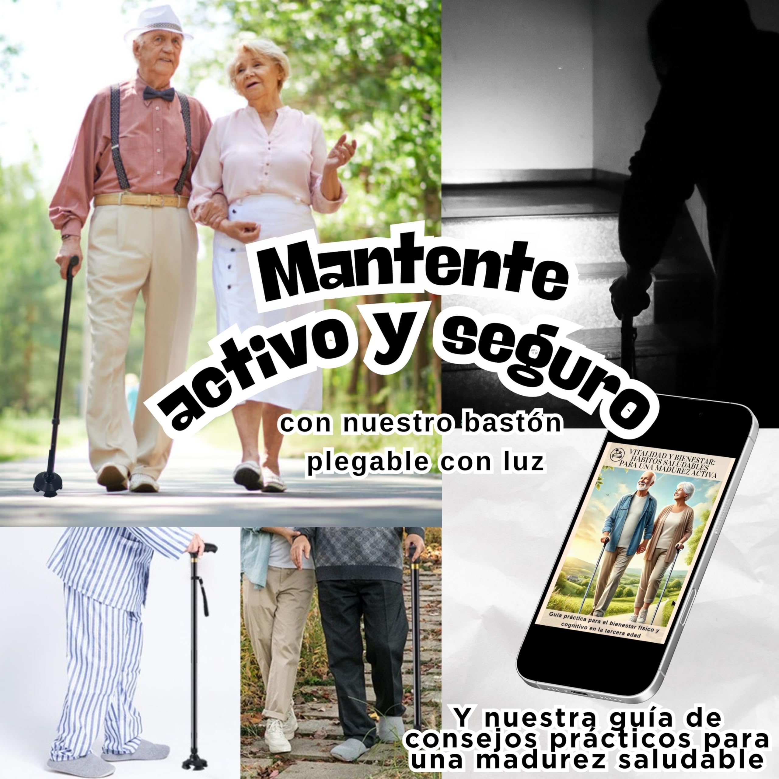 Bastón Plegable para Mayores con Luz LED | Extensible y Ajustable en Altura | Aluminio Ultraligero y Mango Acolchado | Base Antideslizante 4 Puntos | Seguridad Día y Noche | Evita Caídas