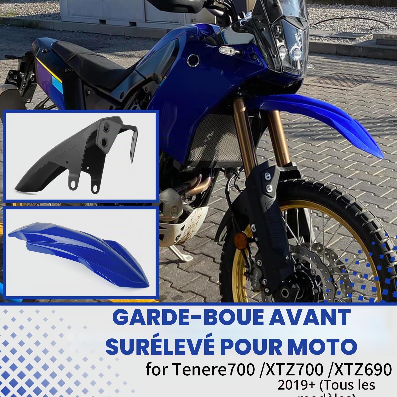 WOOGA Moto Garde-Boue Avant Accessoires Garde-Boue Haut et Bas pour Ya&ma&ha TENERE 700/World Raid/Extreme Edition/ XTZ690 Accessoires 2019-2025 (Bleu-Élevé)