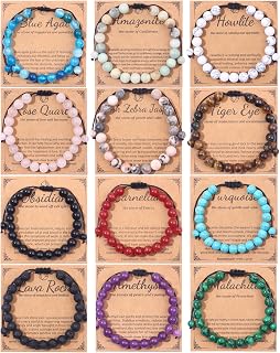 MOZAKA 12PCS 8mm Healing Crystal Beaded Bracelets for Women Men - Semi-Precious Gemstone Stretch Set