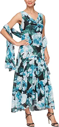 Alex Evenings Women's Sleeveless Floral Print Gown with Shawl