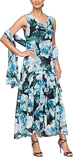 Women's Formal Sleeveless Cowl Neck Floral Print Gown with Shawl, Wedding Guest, Mother of The Bride Dress