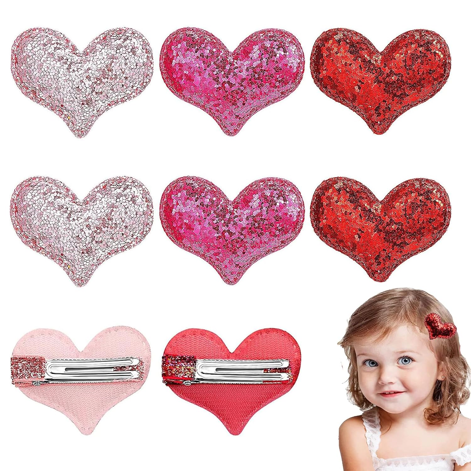 Valentines Day Glitter Heart Hair Clips for Girls Sequin Heart Hair Barrettes for Valentines Day Holidays, 9 PCS