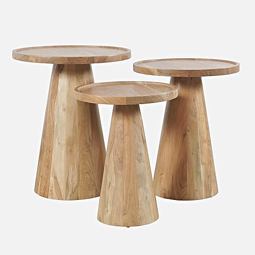 Jofran Knox Mid-Century - Mesas anidables redondas de madera maciza con pedestal de mediados de siglo, color natural