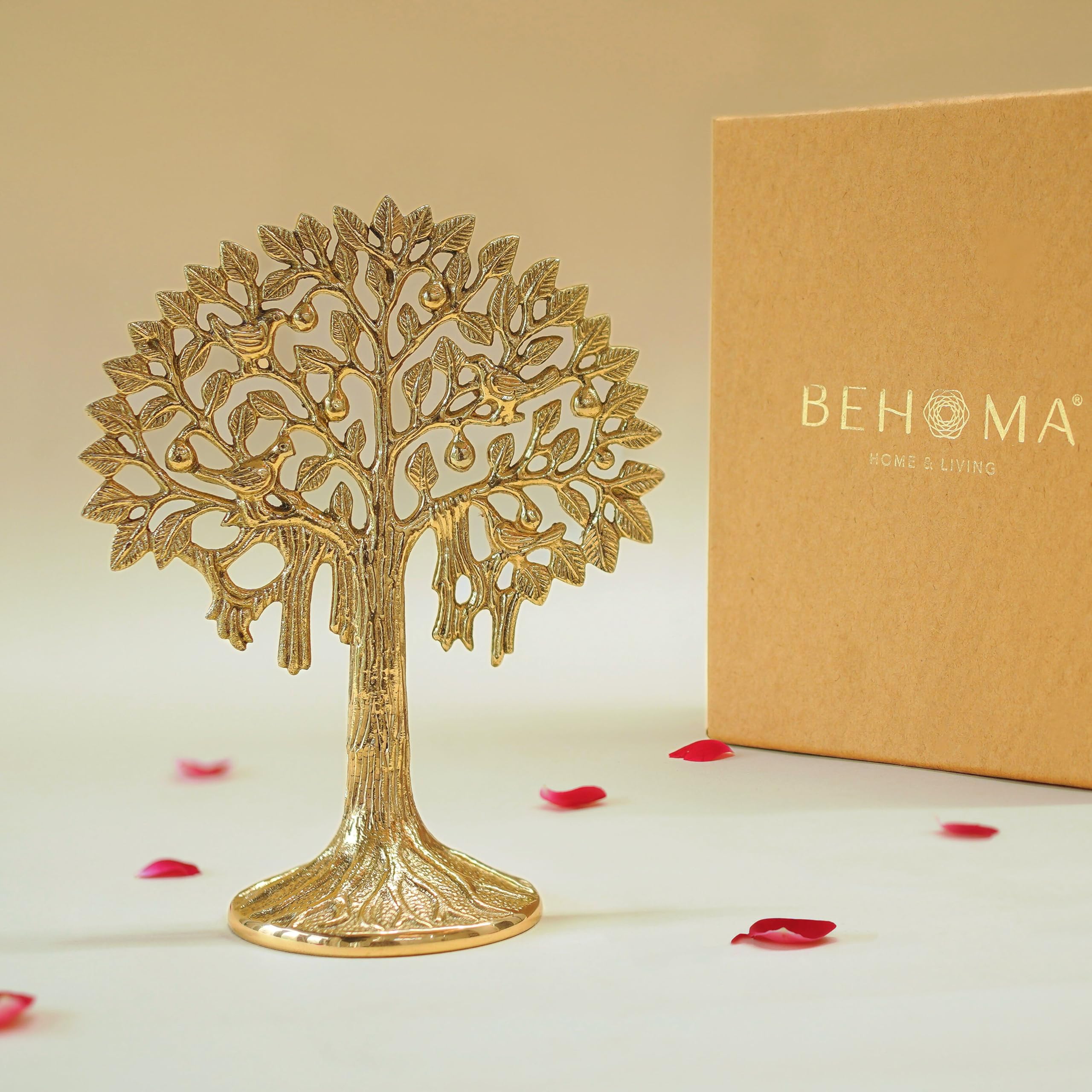 BEHOMA 100% Pure Brass Kalpvriksh Tree with Birds Set - 7 inch | Kalpavriksha Tree of Life Showpiece for Table Decor | kalpvriksha Vastu & Fengshui Decor, Home & Puja Temple Ornament,