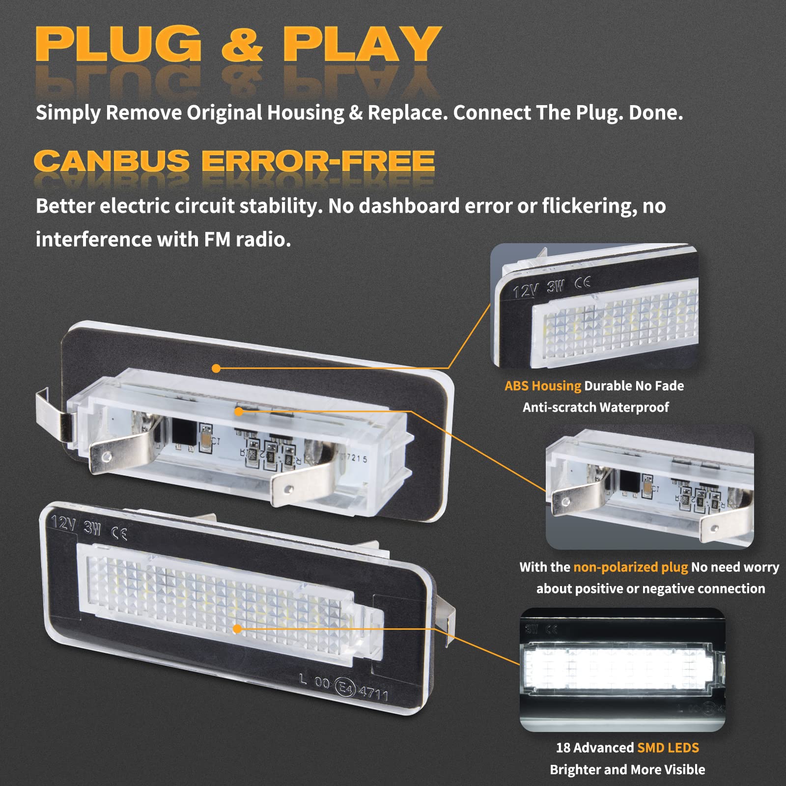 Luce Targa a LED per Merce-ds Benz Smart fortwo Cabriolet W450 W451 W453, Lampada Targa a LED, 2 Pezzi 18 * 2835 SMD Canbus