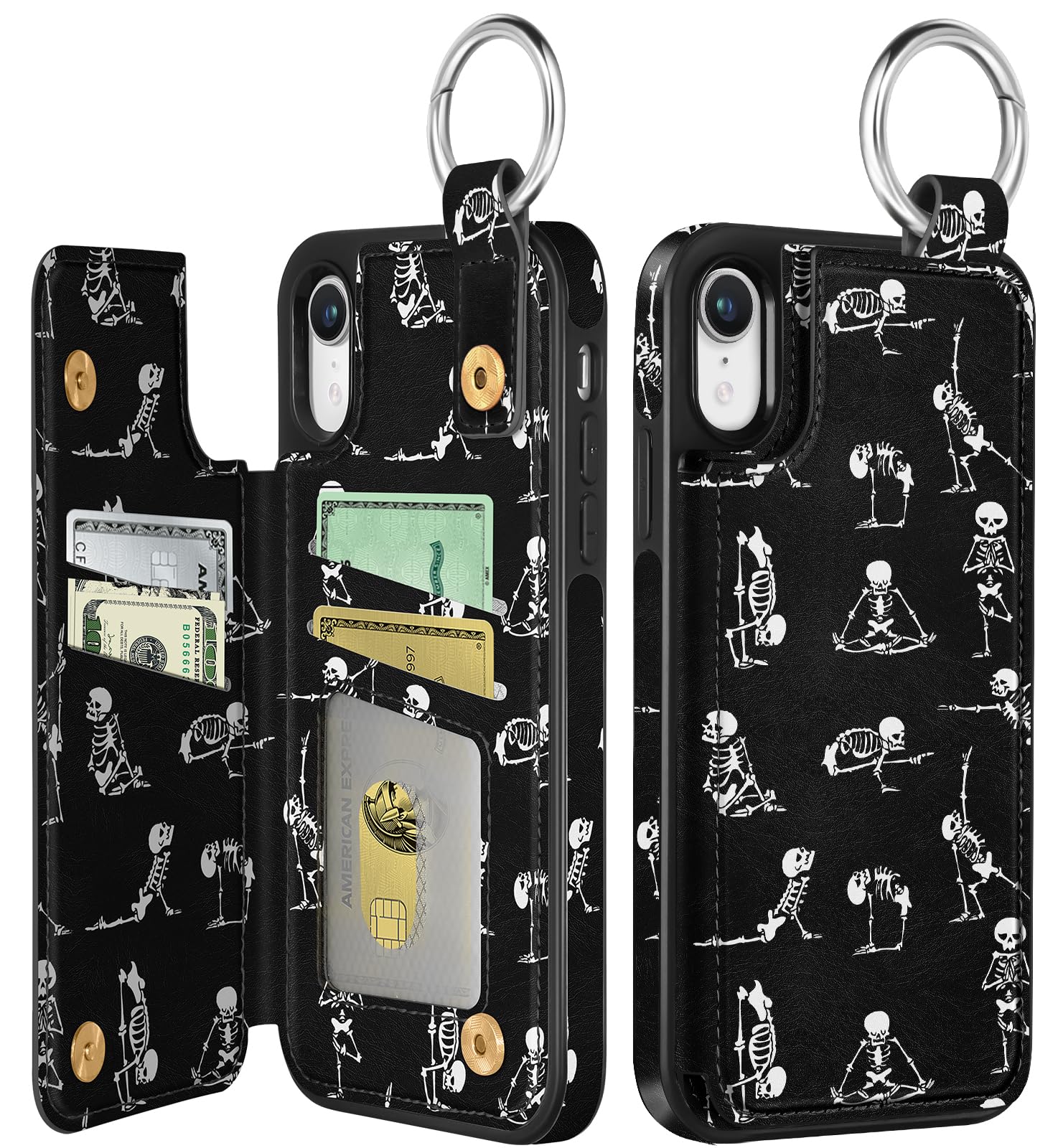 Shorogyt Compatible with iPhone XR Wallet Case with Card Holder - Designer Skeleton Pattern Kickstand Magnetic Clasp Back Flip Folio Leather Phone