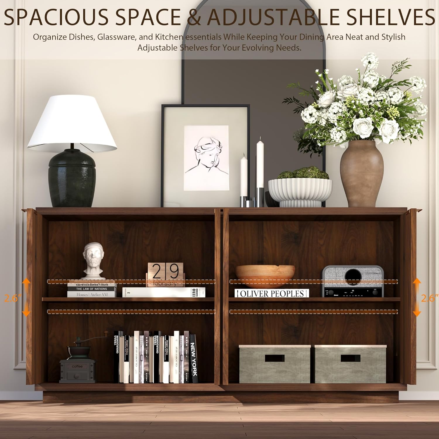 Yechen 118" Walnut Sideboard Buffet Cabinet with Storage, Modern Credenza with 3D Geometric Pattern Doors & Adjustable Shelves, Accent Wood Media Console Table for Living Room, Kitchen/2 Pieces