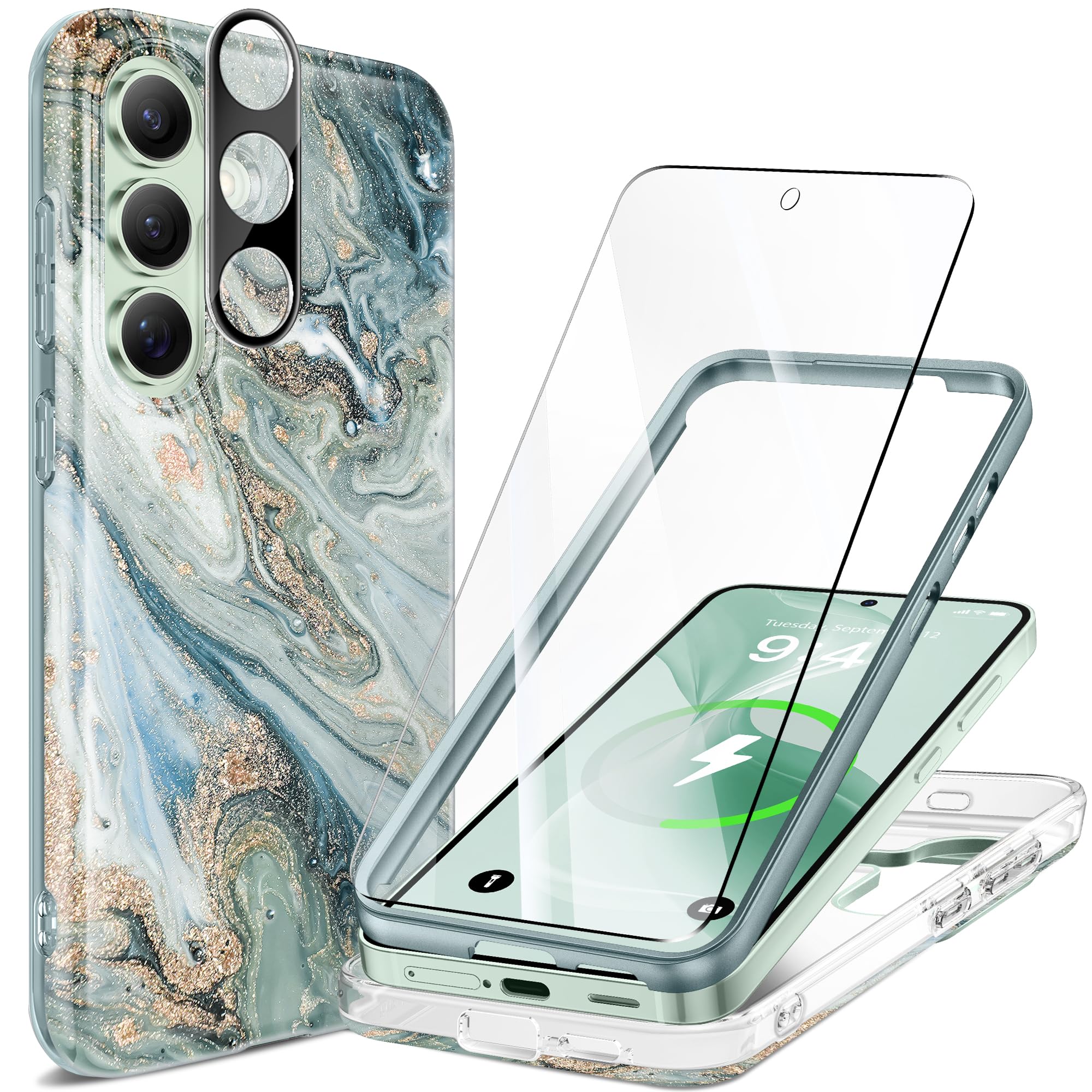 GVIEWIN Magnetic for Samsung Galaxy S25 Plus Case [Compatible with MagSafe] [AI-Tested Dropproof] Marble with Camera Lens+Screen Protector Shockproof Phone Cover for S25+ Plus (Ocean Tide/Green)