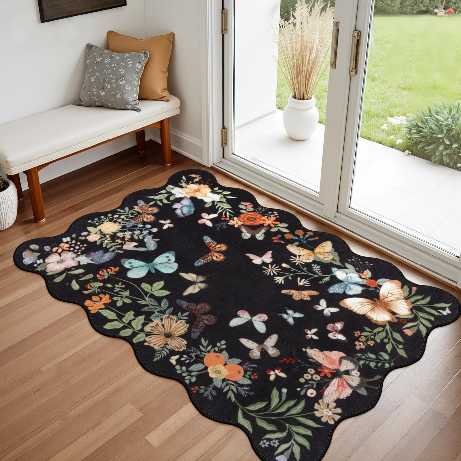 Washable Scalloped Butterfly Entryway Rug, 2.6x4 Soft Non-Slip Boho Indoor Door Mat Ultra Thin Kitchen Rug, Black Modern Botanical Floral Throw Rug for Bathroom Entrance Bedroom