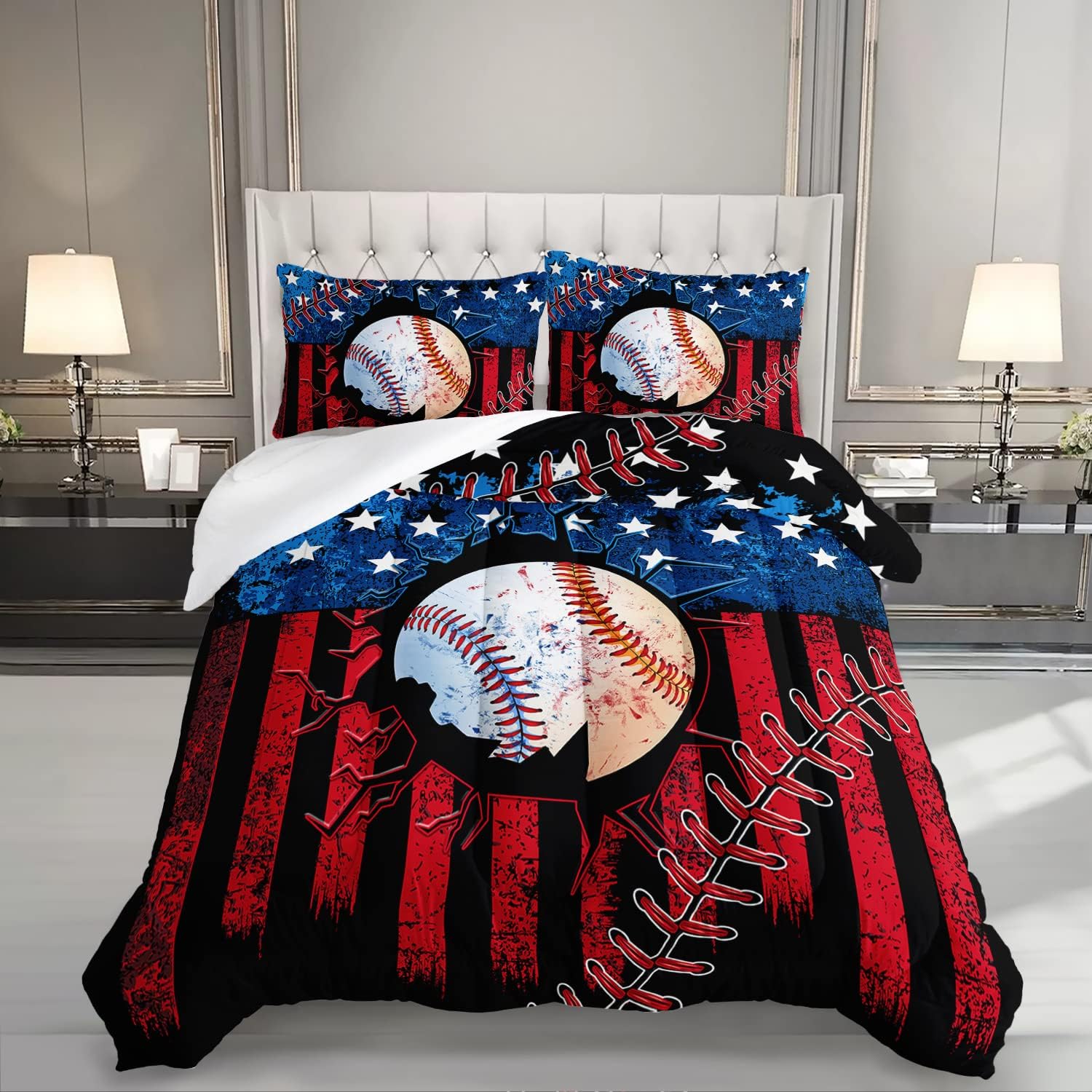 HOSIMA Baseball Comforter Set,Sports Comforter Sets for Boys Kids Teens Bedroom Decor,American Flag Comforter and Baseball Print Bedding Set with 2 Pillowcases,Twin Comforter Set.