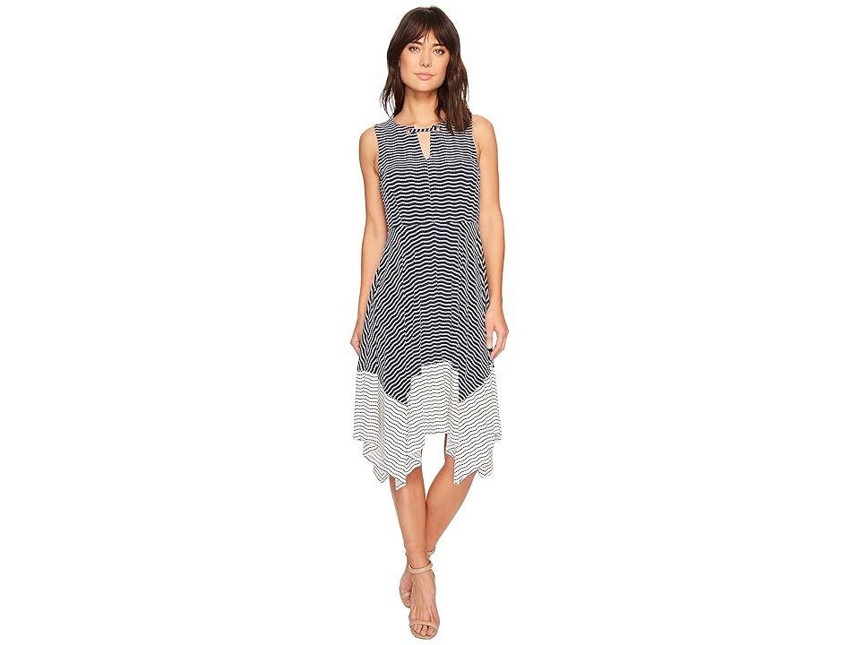 

Ivanka Trump Matte Jersey Stripe Handkerchief Hem Grommet Sleeveless Dress (Navy/Ivory) Women's Dress